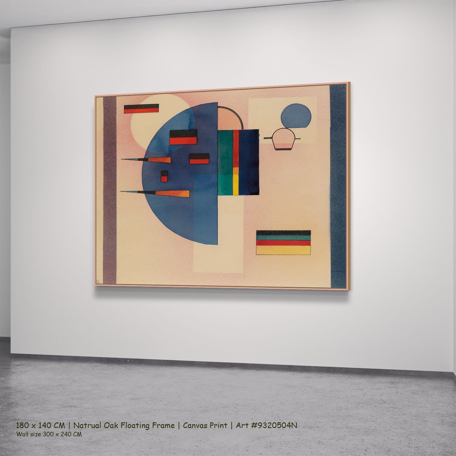 Composition with Blue Semicircle by Wassily Kandinsky in a natural oak floating frame, large blue and red Modern Abstract can