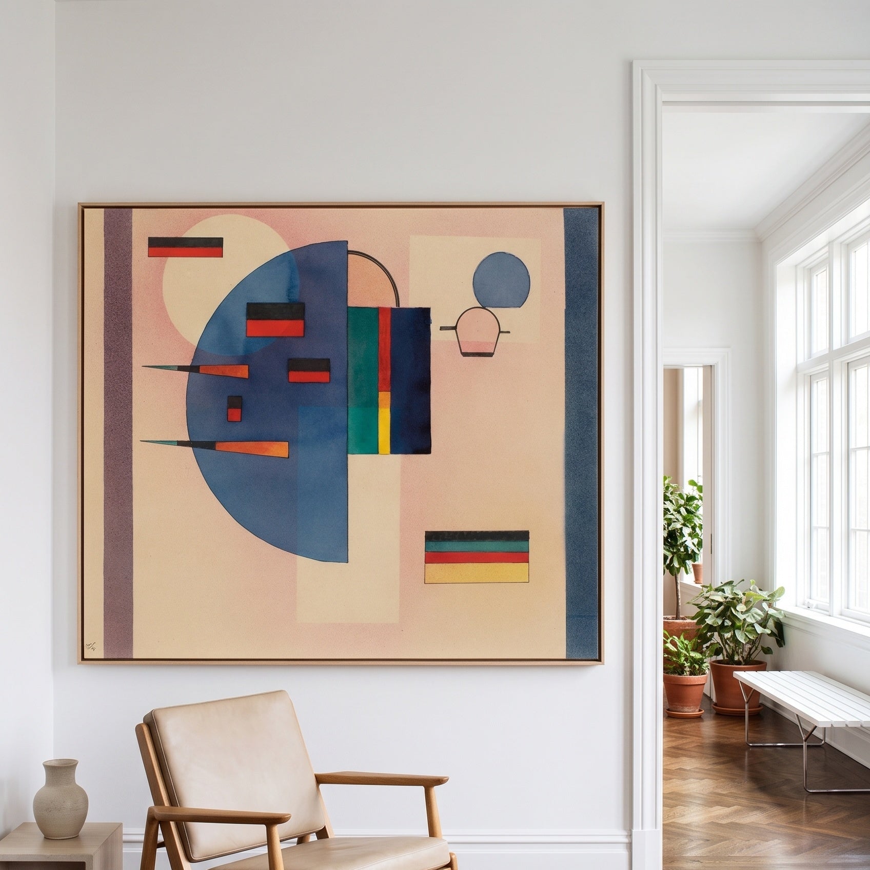 Composition with Blue Semicircle by Wassily Kandinsky — large blue and red Modern Abstract canvas art on a hallway wall