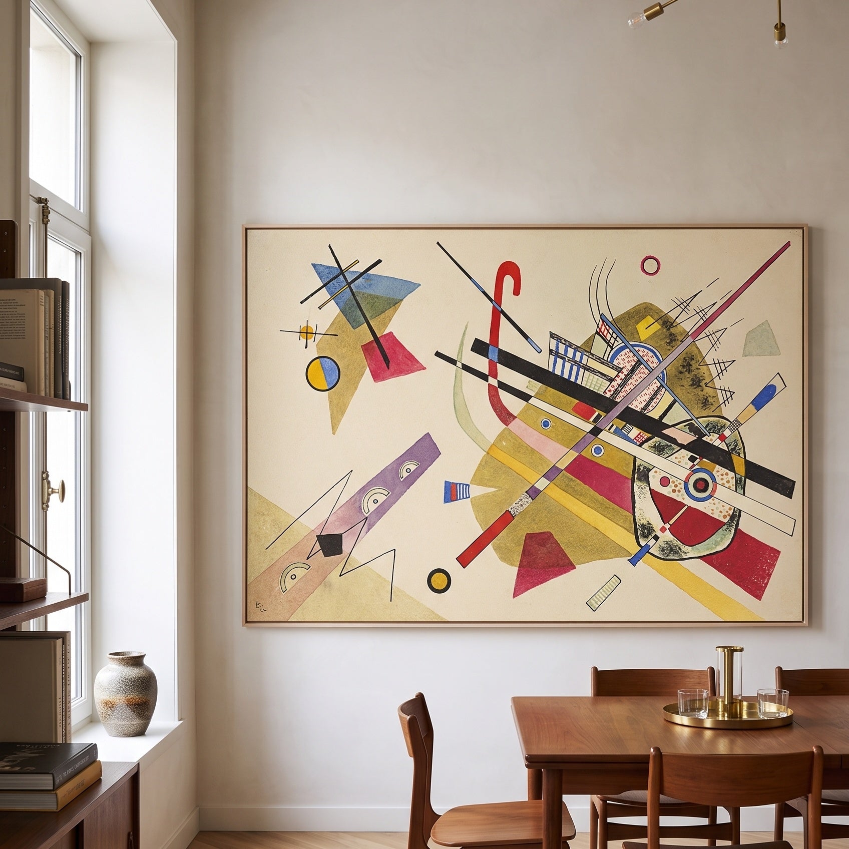 Abstract Composition with Crossing Lines by Wassily Kandinsky — large gold and white Abstract canvas art displayed on a wall