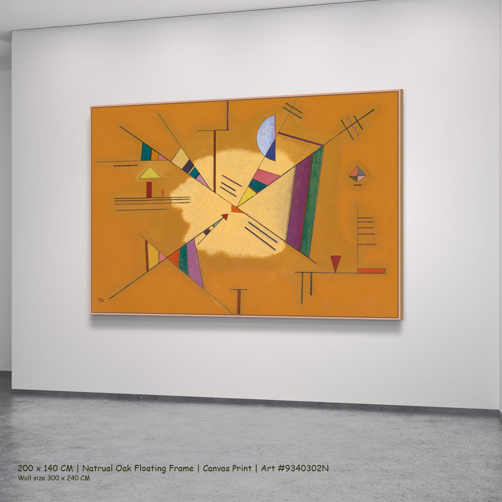 Abstract Composition on Orange by Wassily Kandinsky in a natural oak floating frame, large orange and white Geometric Abstrac