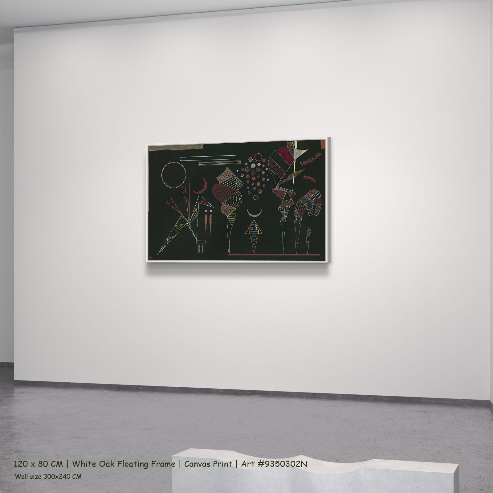 Abstract Composition on Black by Wassily Kandinsky in a white oak floating frame, large brown and black Colourful Abstract ca