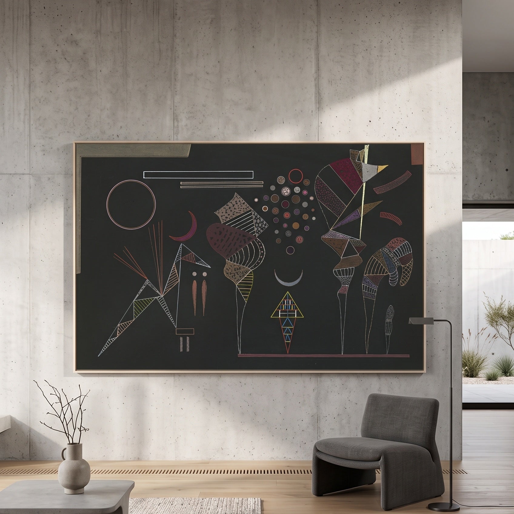 Abstract Composition on Black by Wassily Kandinsky — large brown and black Colourful Abstract canvas art on a hallway wall
