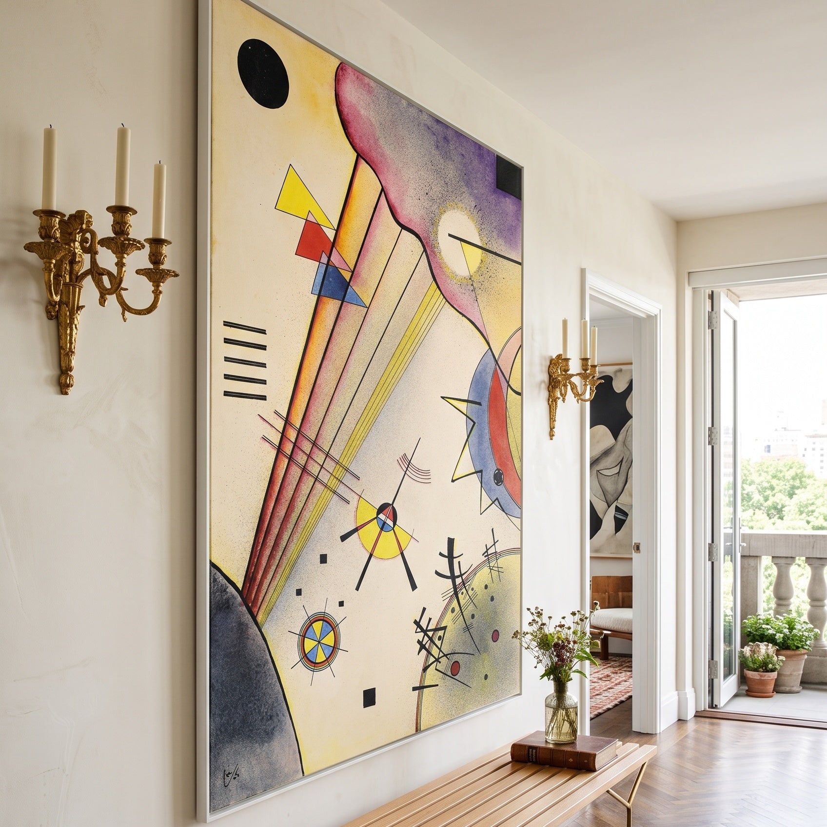 Deutliche Verbindung by Wassily Kandinsky — large pink and purple Modern Abstract canvas art on a hallway wall