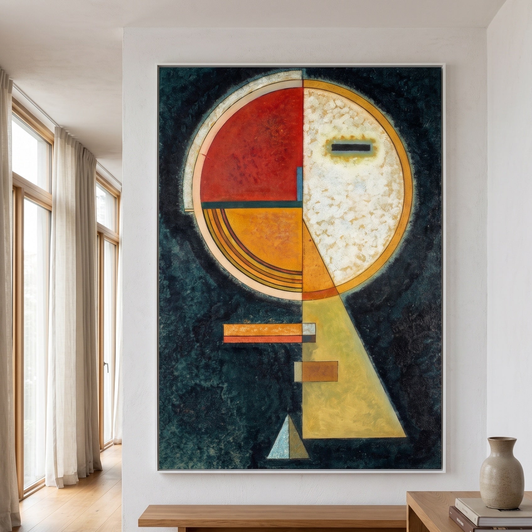 Unstable Compensation by Wassily Kandinsky — large green and red Abstract canvas art on a hallway wall