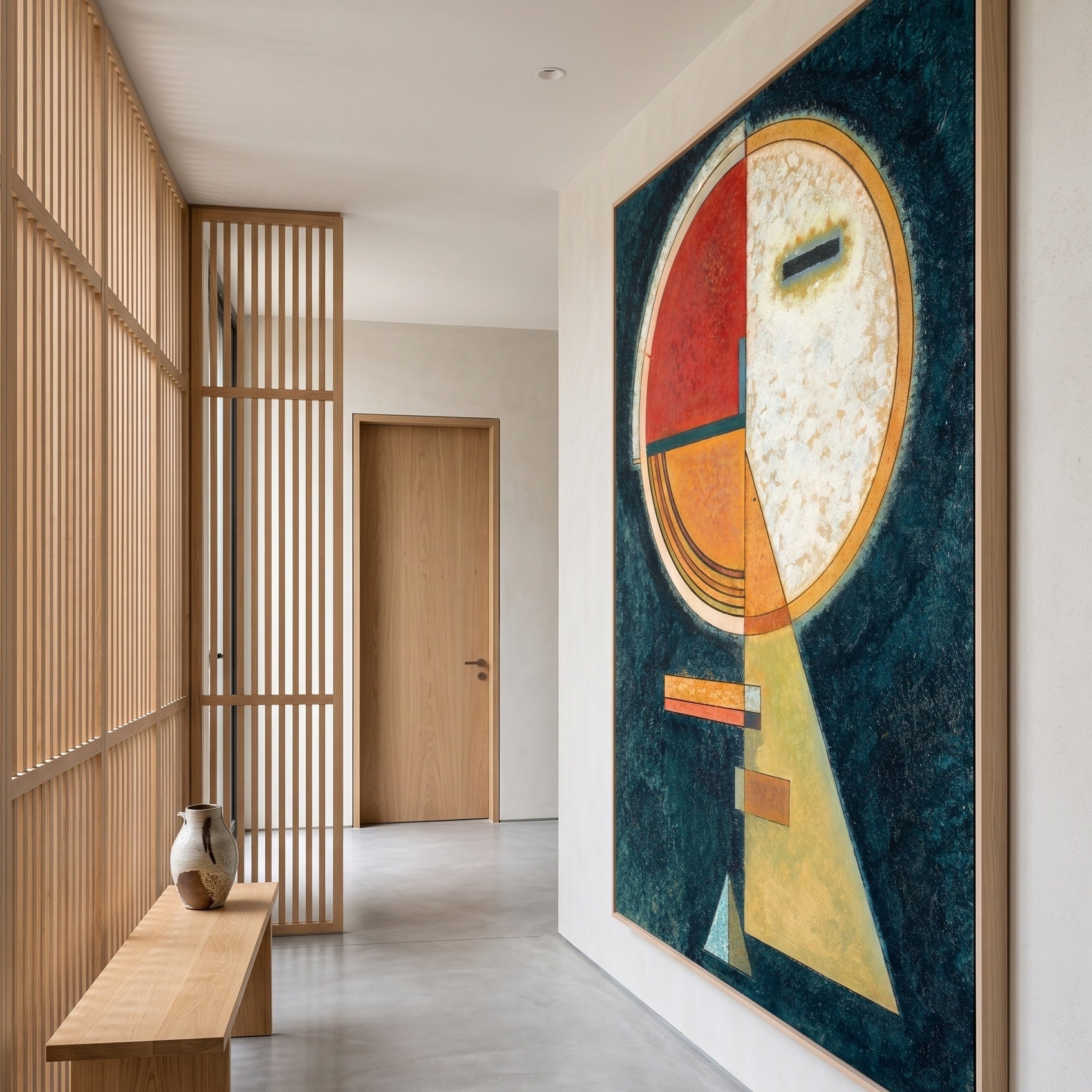 Unstable Compensation by Wassily Kandinsky — large green and red Abstract canvas art on a hallway wall