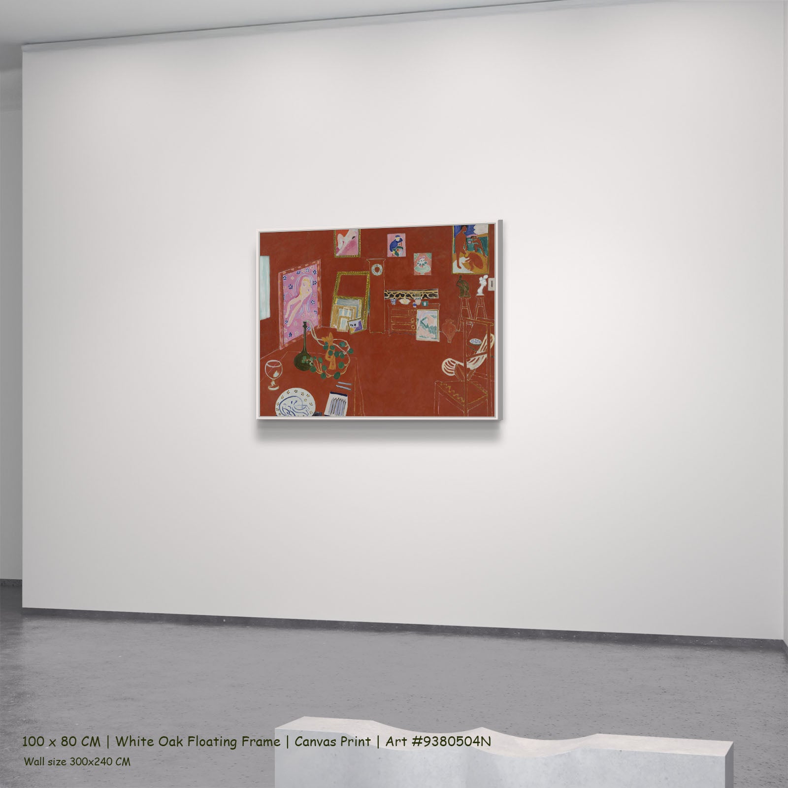 The Red Studio by Henri Matisse in a white oak floating frame, large red Modern Abstract canvas