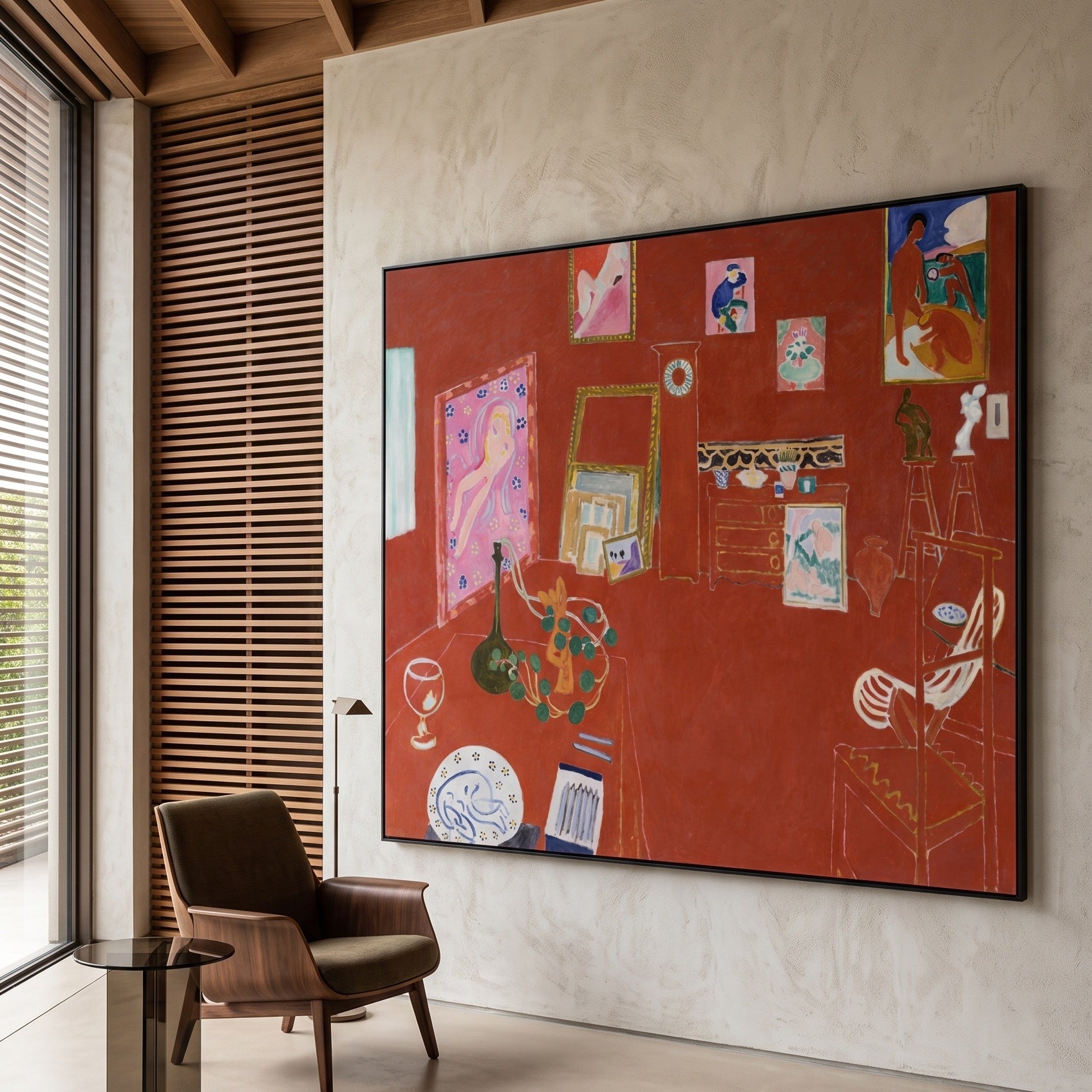The Red Studio by Henri Matisse — large red Modern Abstract canvas art on a hallway wall