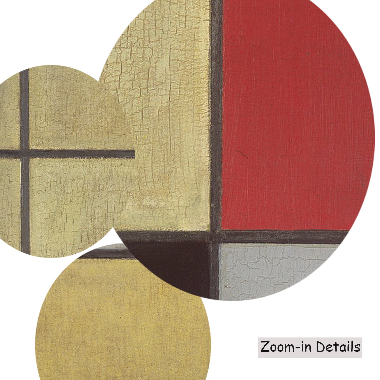 Close-up detail of the brushwork on Composition with Red, Blue and Yellow-Green, a large yellow and red Colourful Abstract ca
