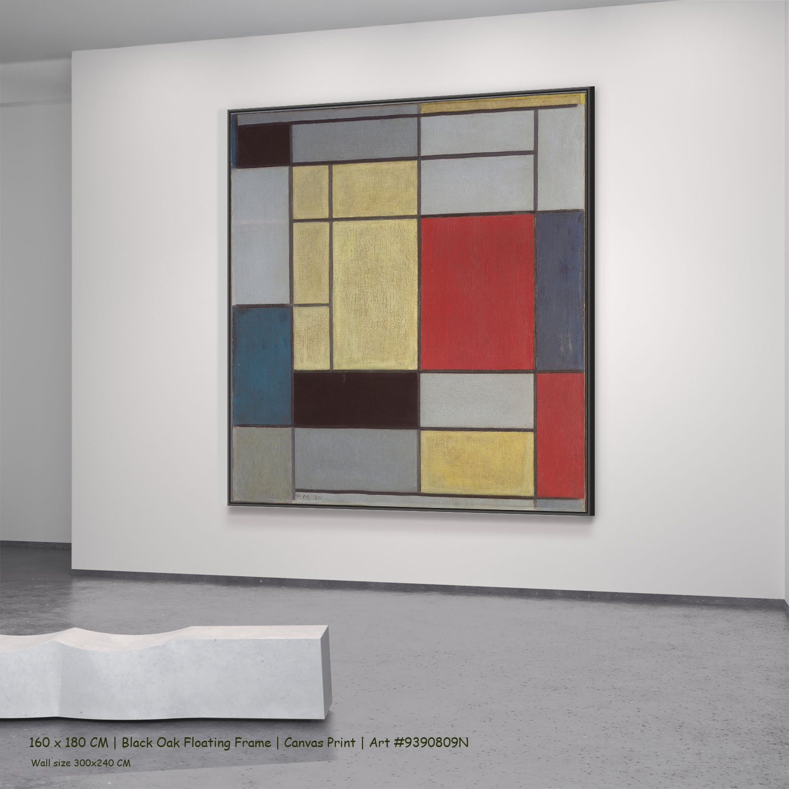 Composition with Red, Blue and Yellow-Green by Piet Mondrian in a black oak floating frame, large yellow and red Colourful Ab