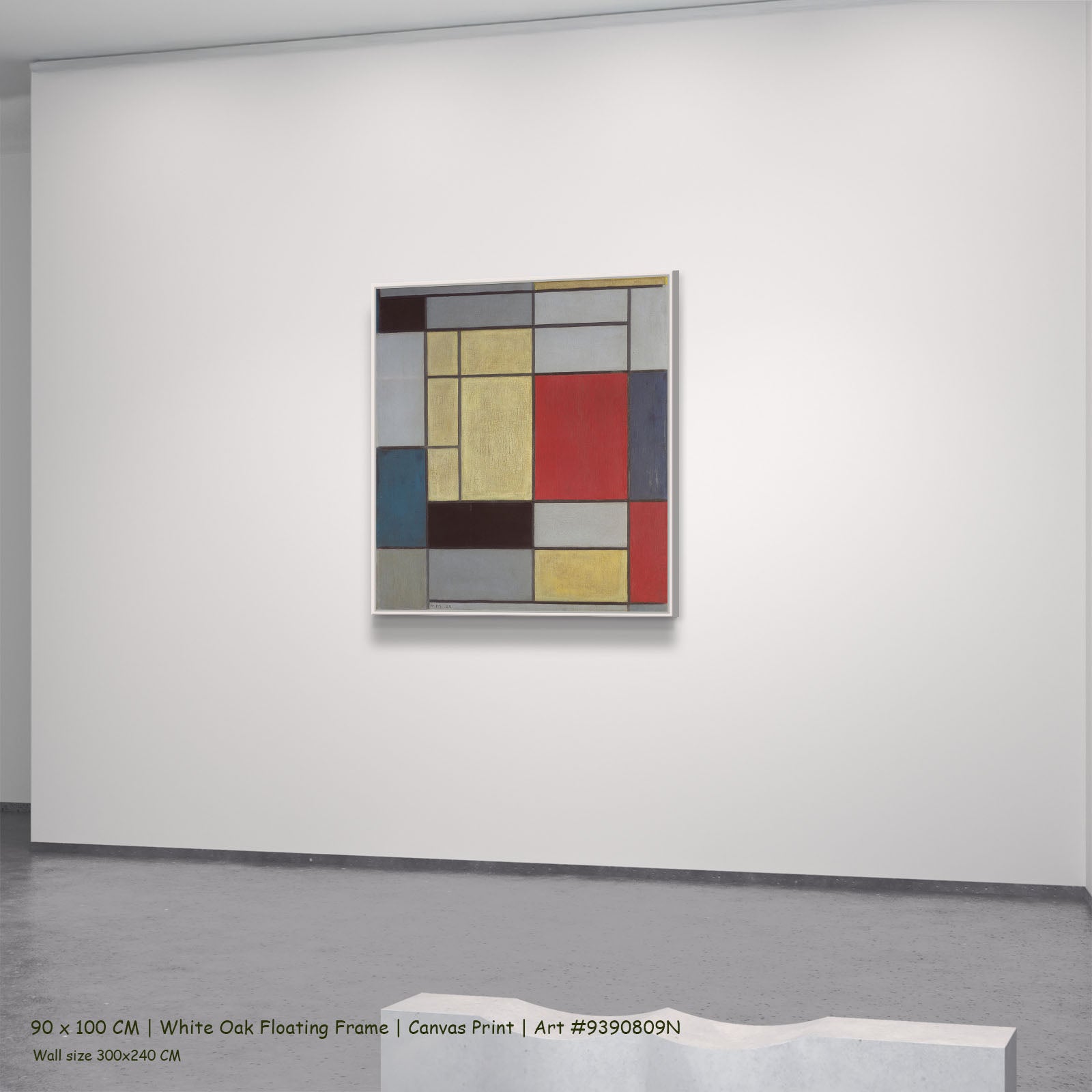 Composition with Red, Blue and Yellow-Green by Piet Mondrian in a white oak floating frame, large yellow and red Colourful Ab