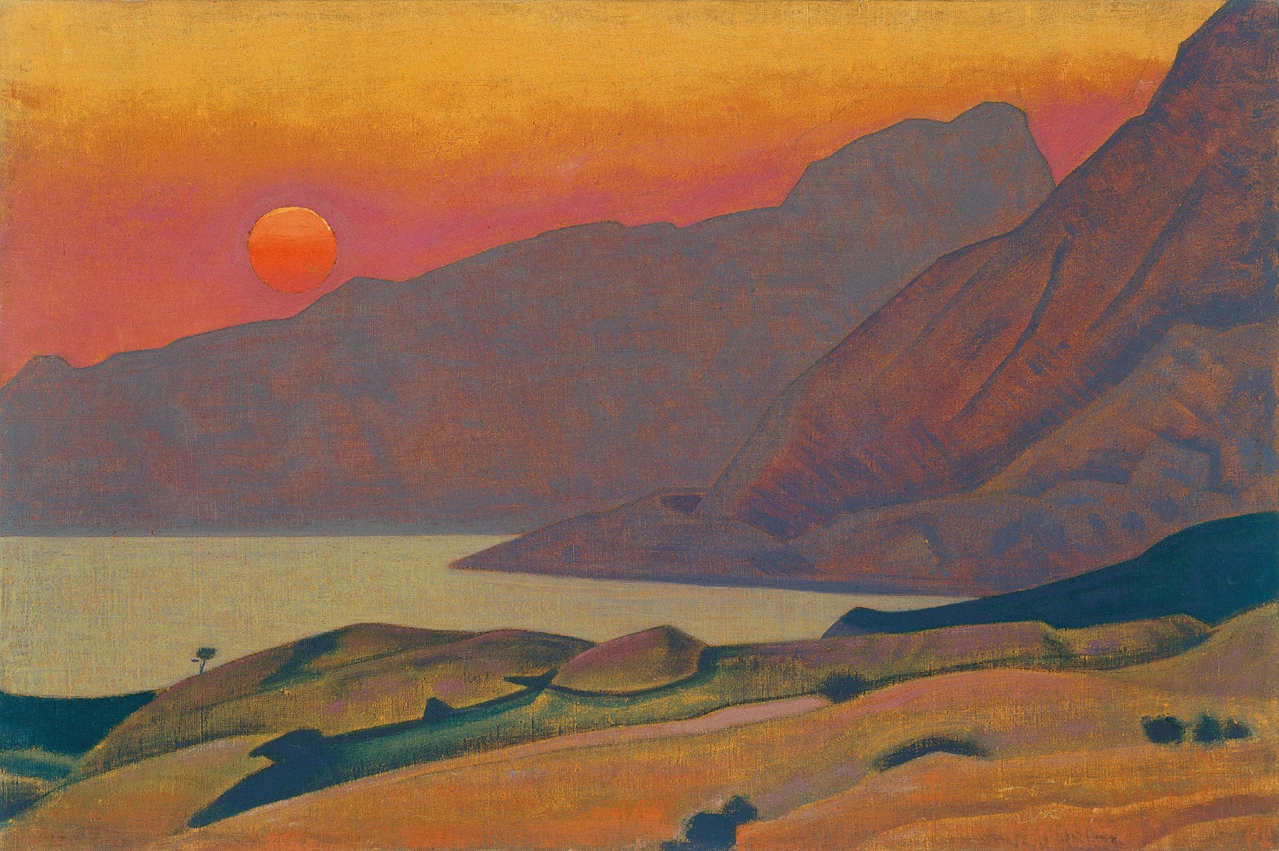 Large orange and red Symbolist canvas print of Monhegan, Maine by Nicholas Roerich