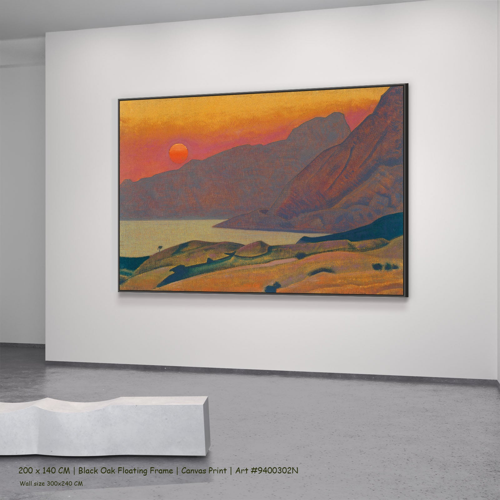Monhegan, Maine by Nicholas Roerich in a black oak floating frame, large orange and red Symbolist canvas