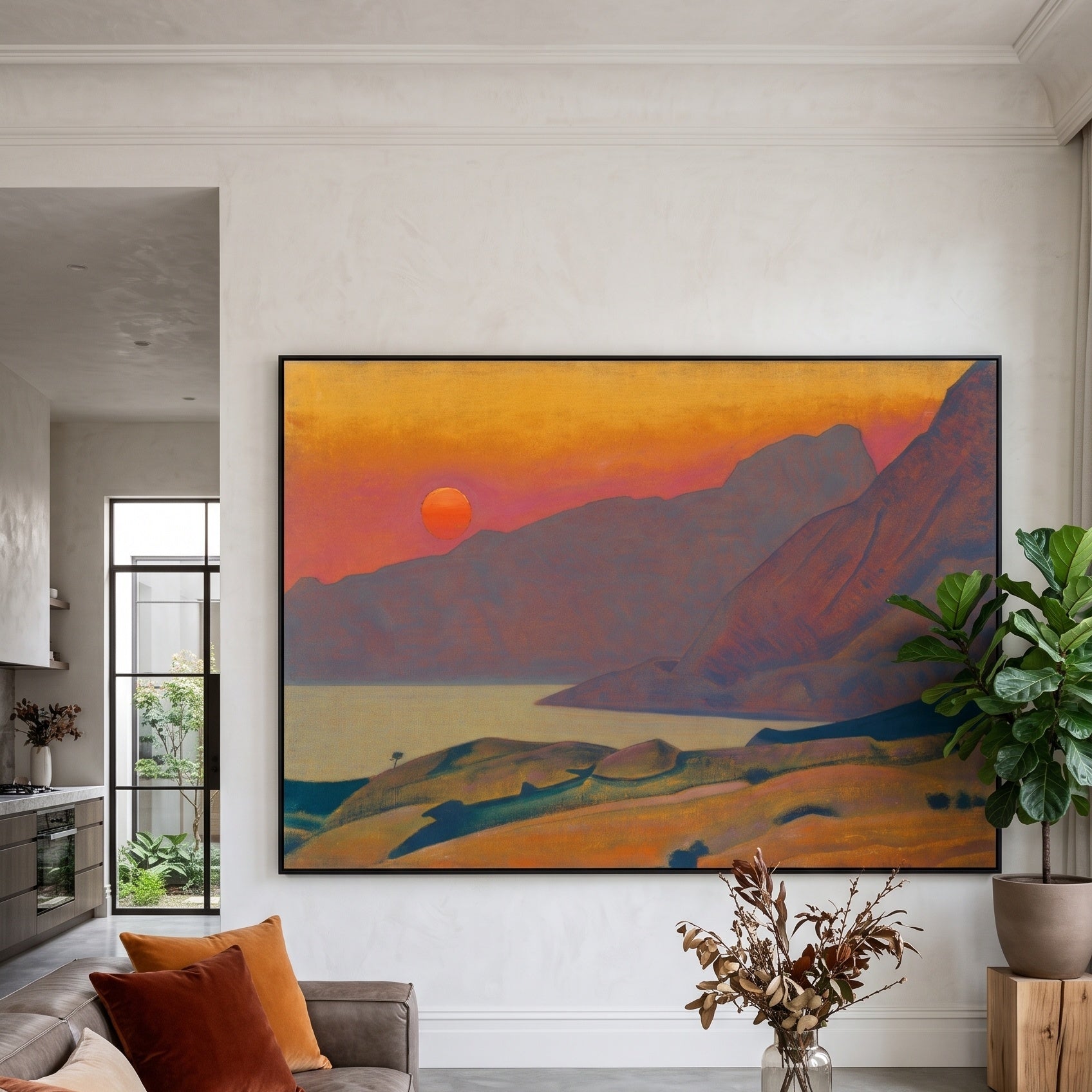 Monhegan, Maine by Nicholas Roerich — large orange and red Symbolist canvas art on a living room wall