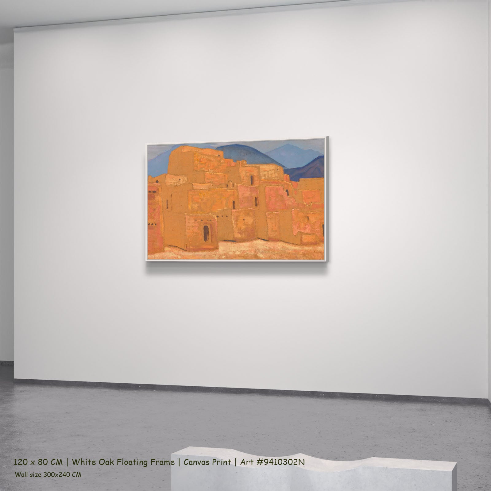 Taos Pueblo, New Mexico by Nicholas Roerich in a white oak floating frame, large orange and blue Symbolist canvas