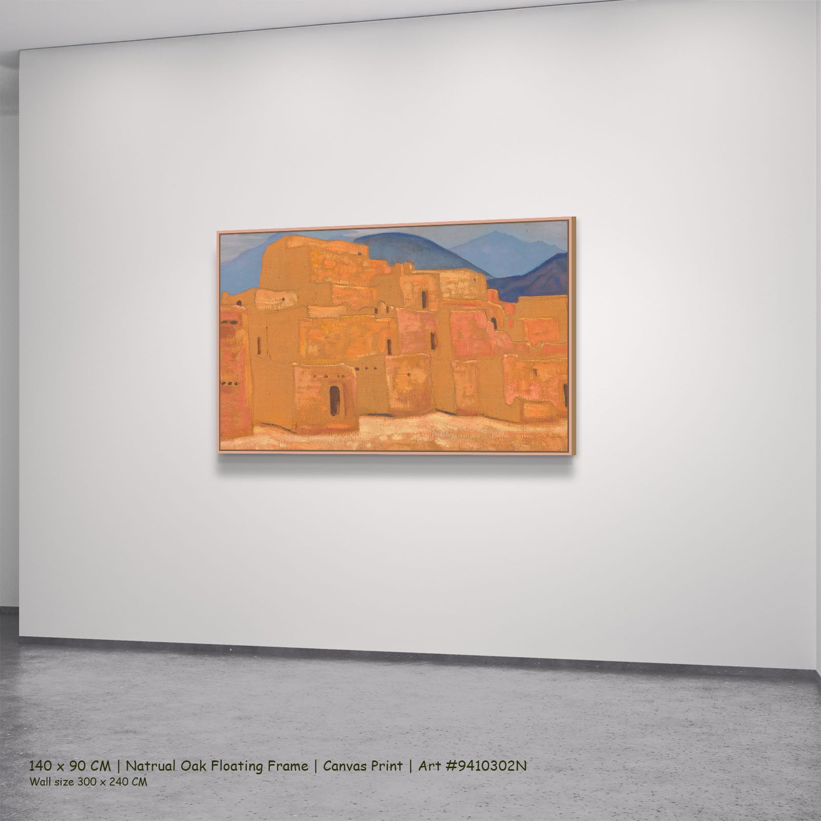 Taos Pueblo, New Mexico by Nicholas Roerich in a natural oak floating frame, large orange and blue Symbolist canvas