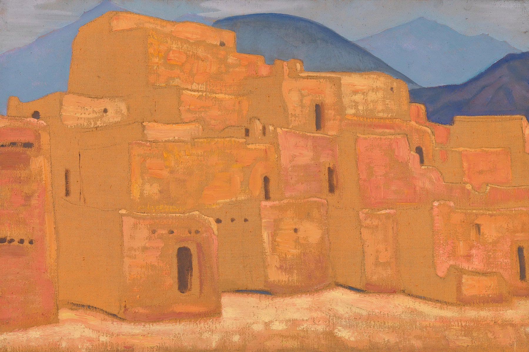 Large orange and blue Symbolist canvas print of Taos Pueblo, New Mexico by Nicholas Roerich