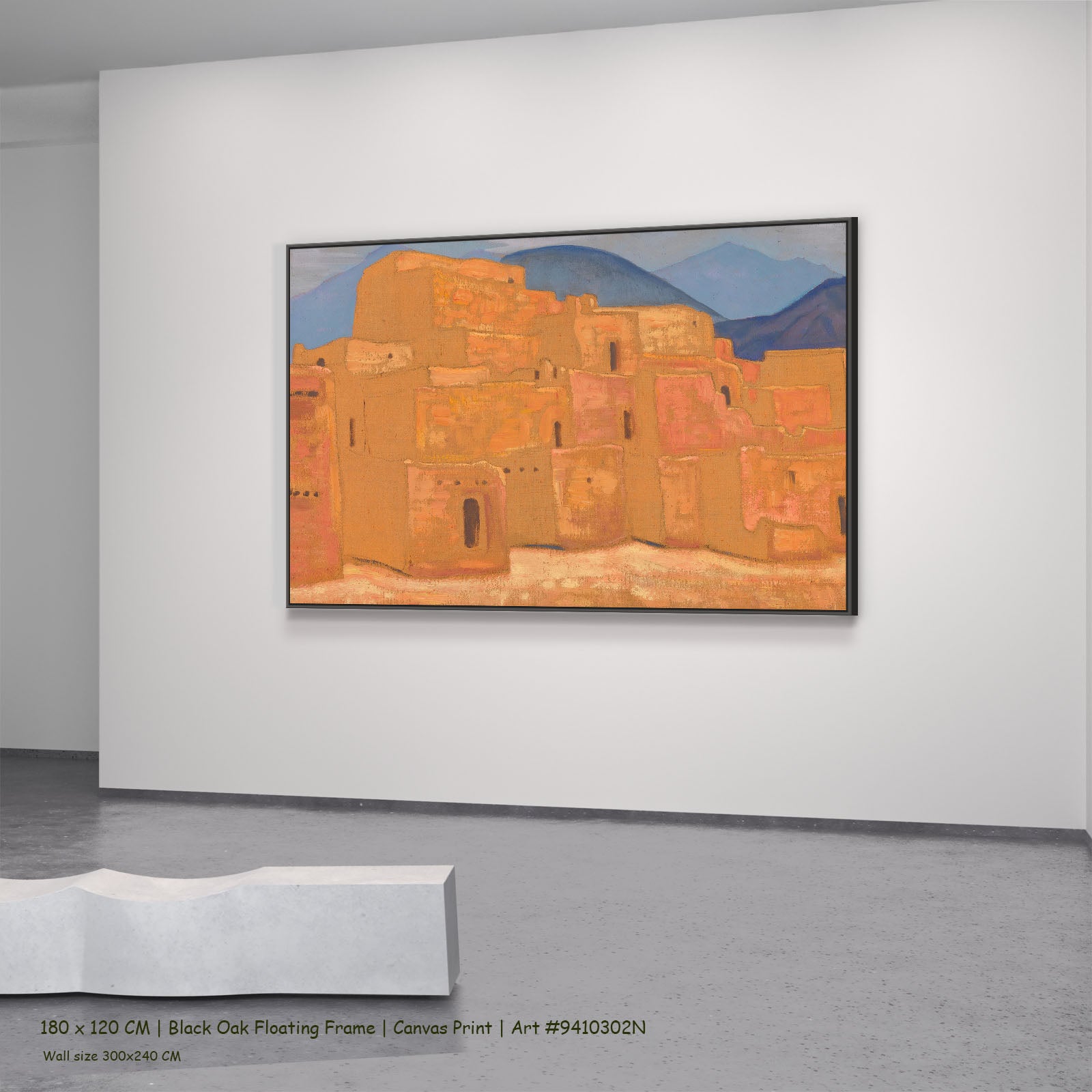 Taos Pueblo, New Mexico by Nicholas Roerich in a black oak floating frame, large orange and blue Symbolist canvas