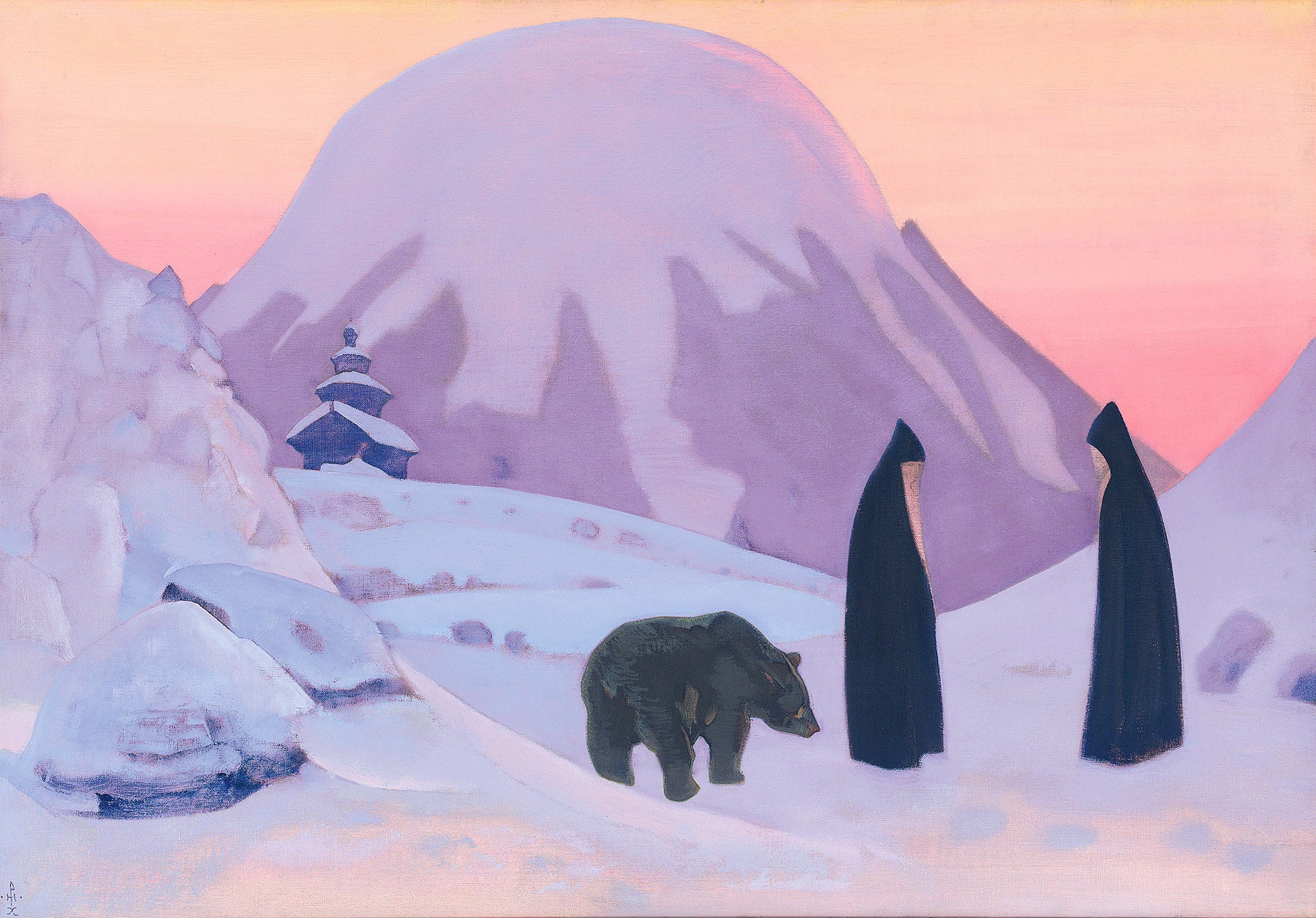 Large pink and purple Symbolist canvas print of And We Are Not Afraid by Nicholas Roerich