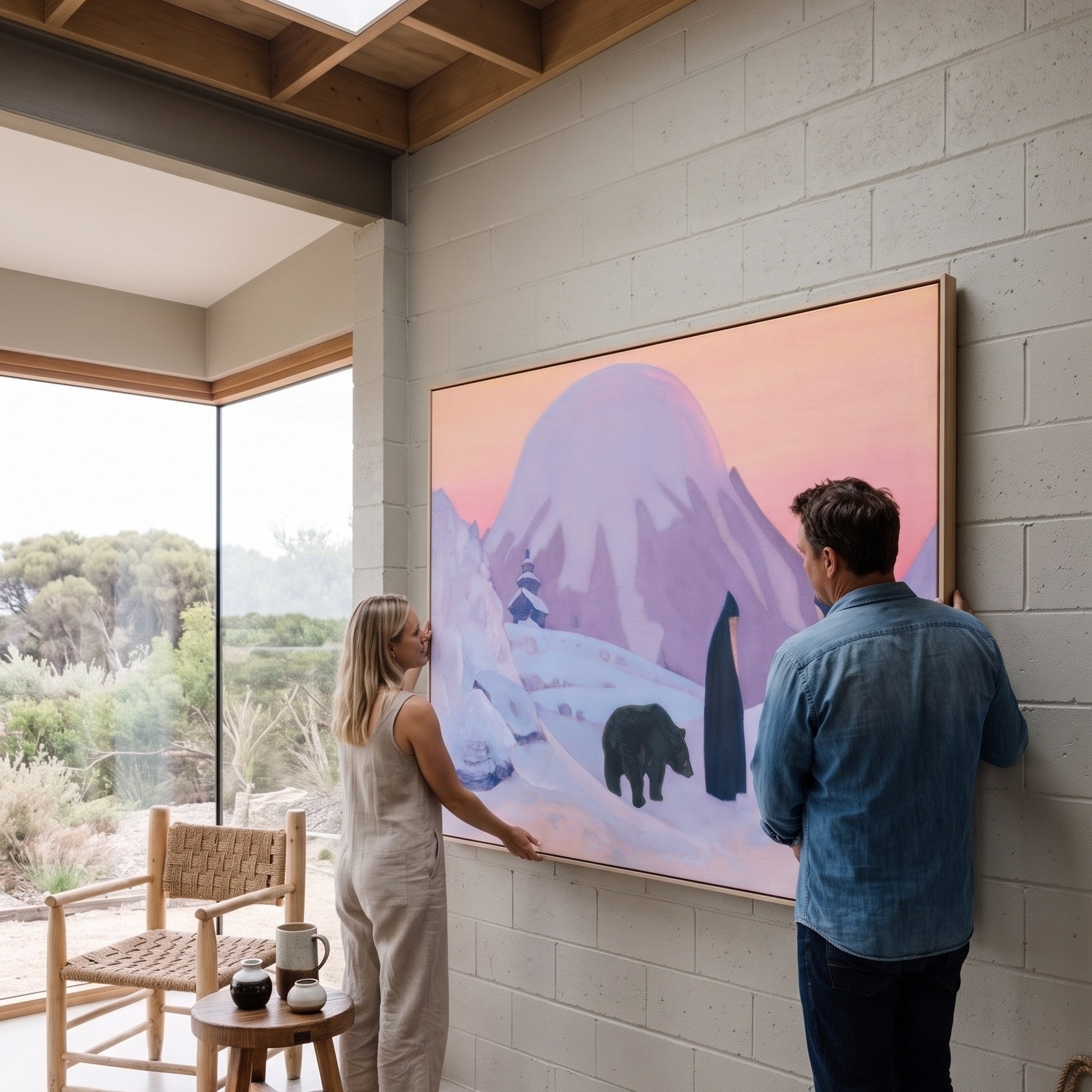 And We Are Not Afraid by Nicholas Roerich — large pink and purple Symbolist canvas art on a living room wall
