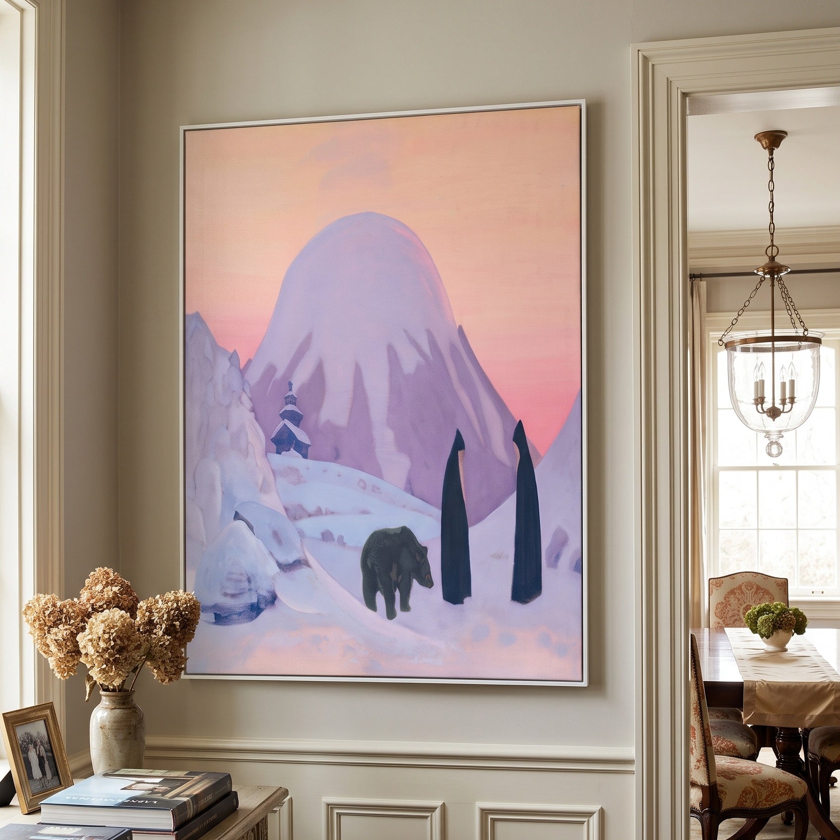 And We Are Not Afraid by Nicholas Roerich — large pink and purple Symbolist canvas art on a hallway wall