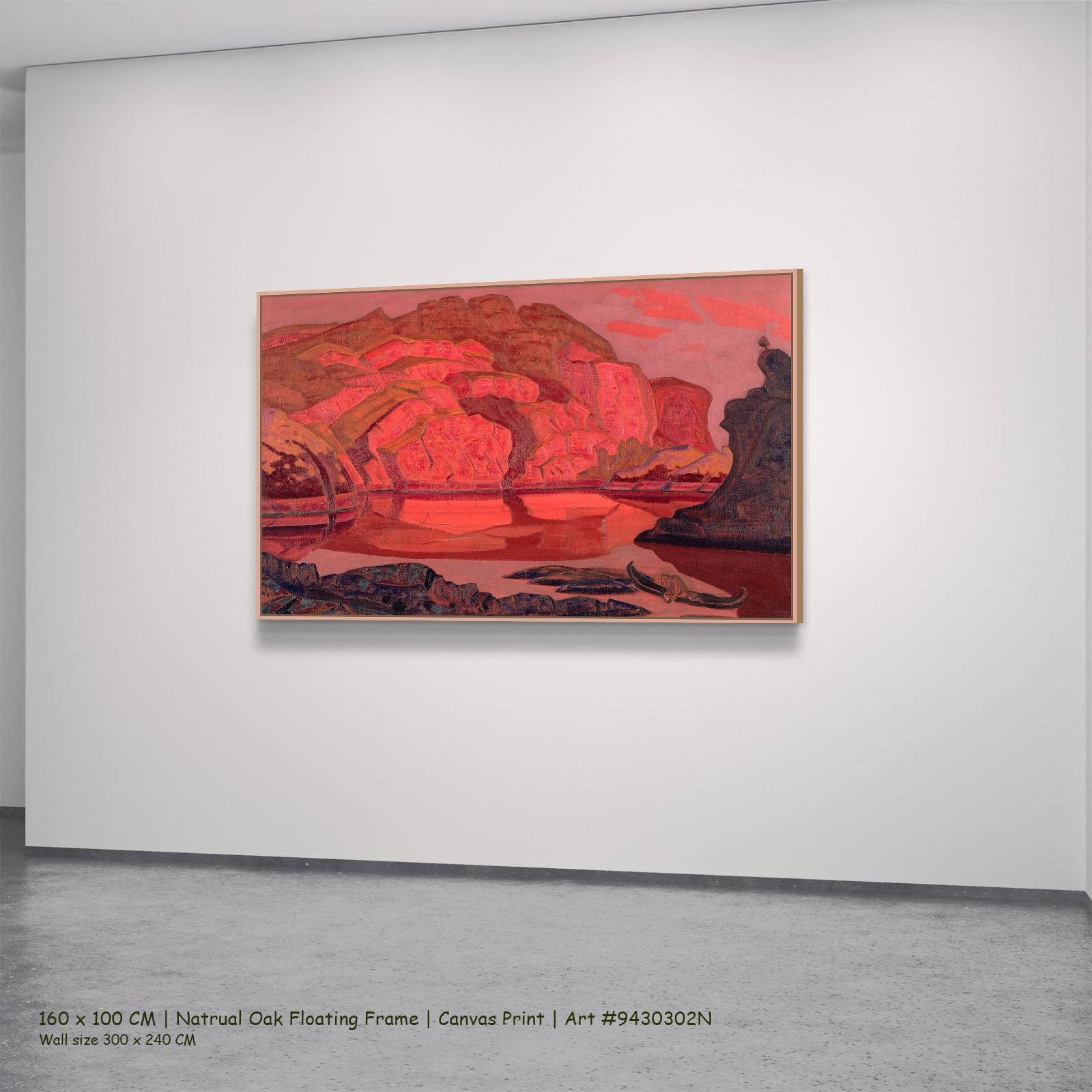 Buried Treasures by Nicholas Roerich in a natural oak floating frame, large red and pink Symbolist canvas