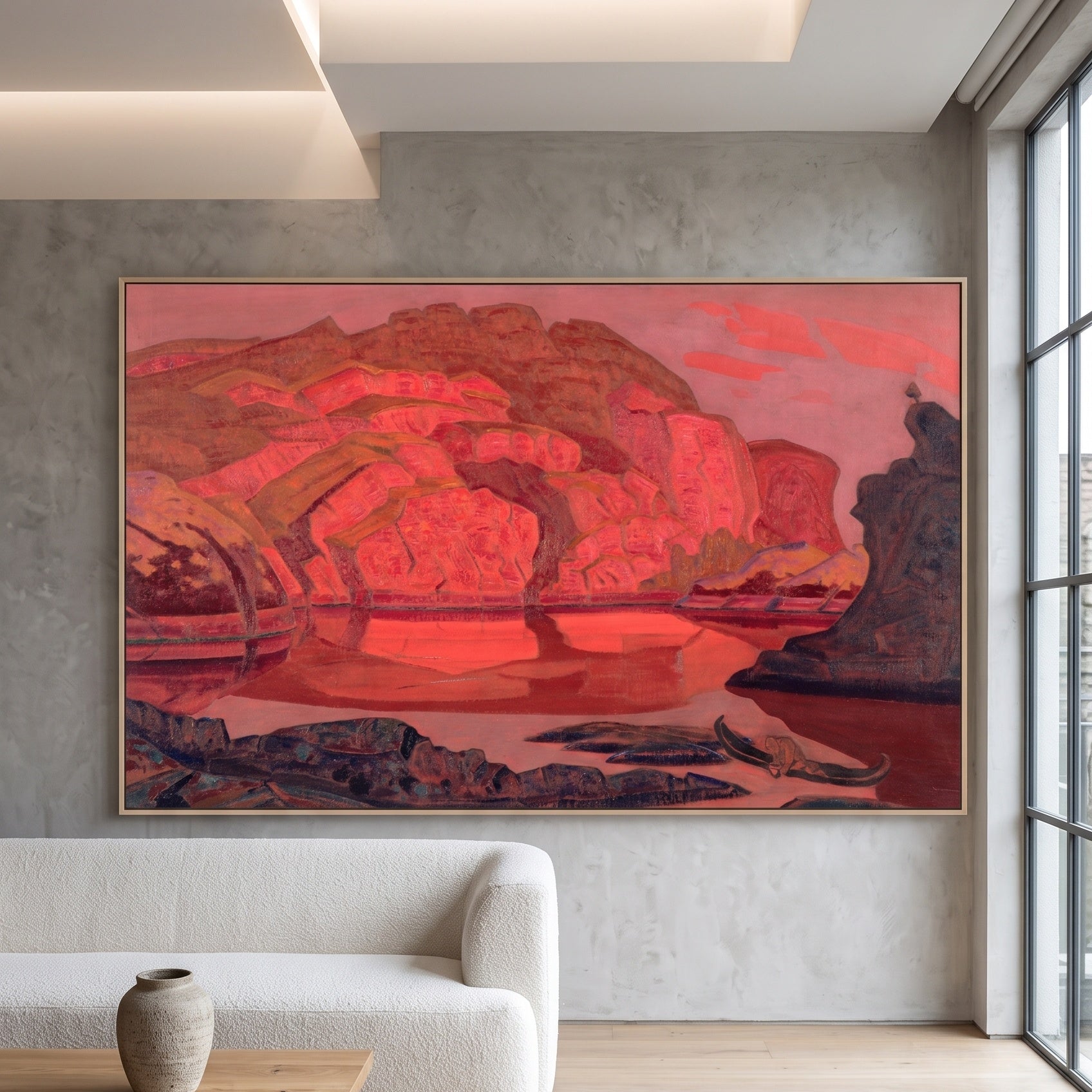 Buried Treasures by Nicholas Roerich — large red and pink Symbolist canvas art displayed on a wall
