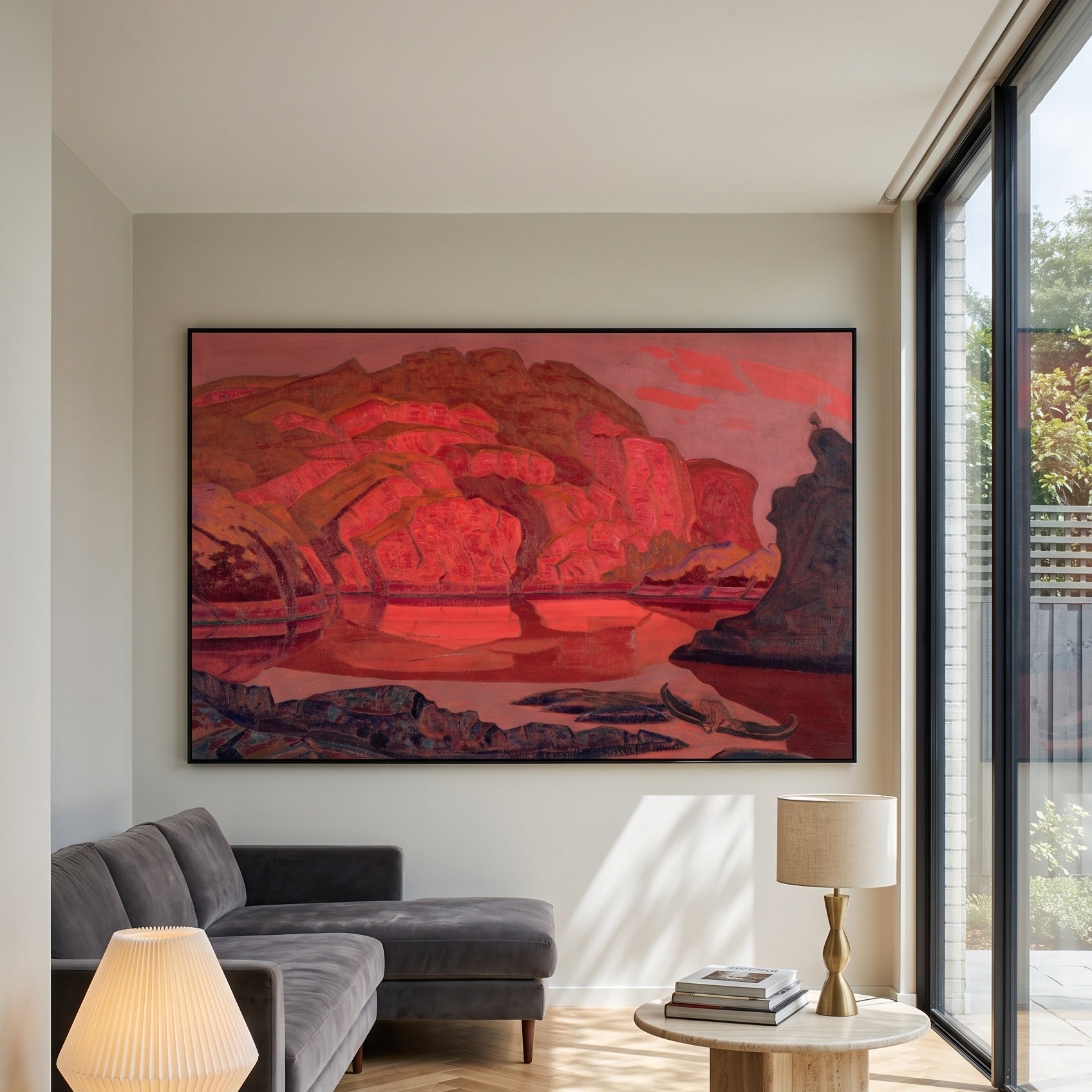 Buried Treasures by Nicholas Roerich — large red and pink Symbolist canvas art on a living room wall
