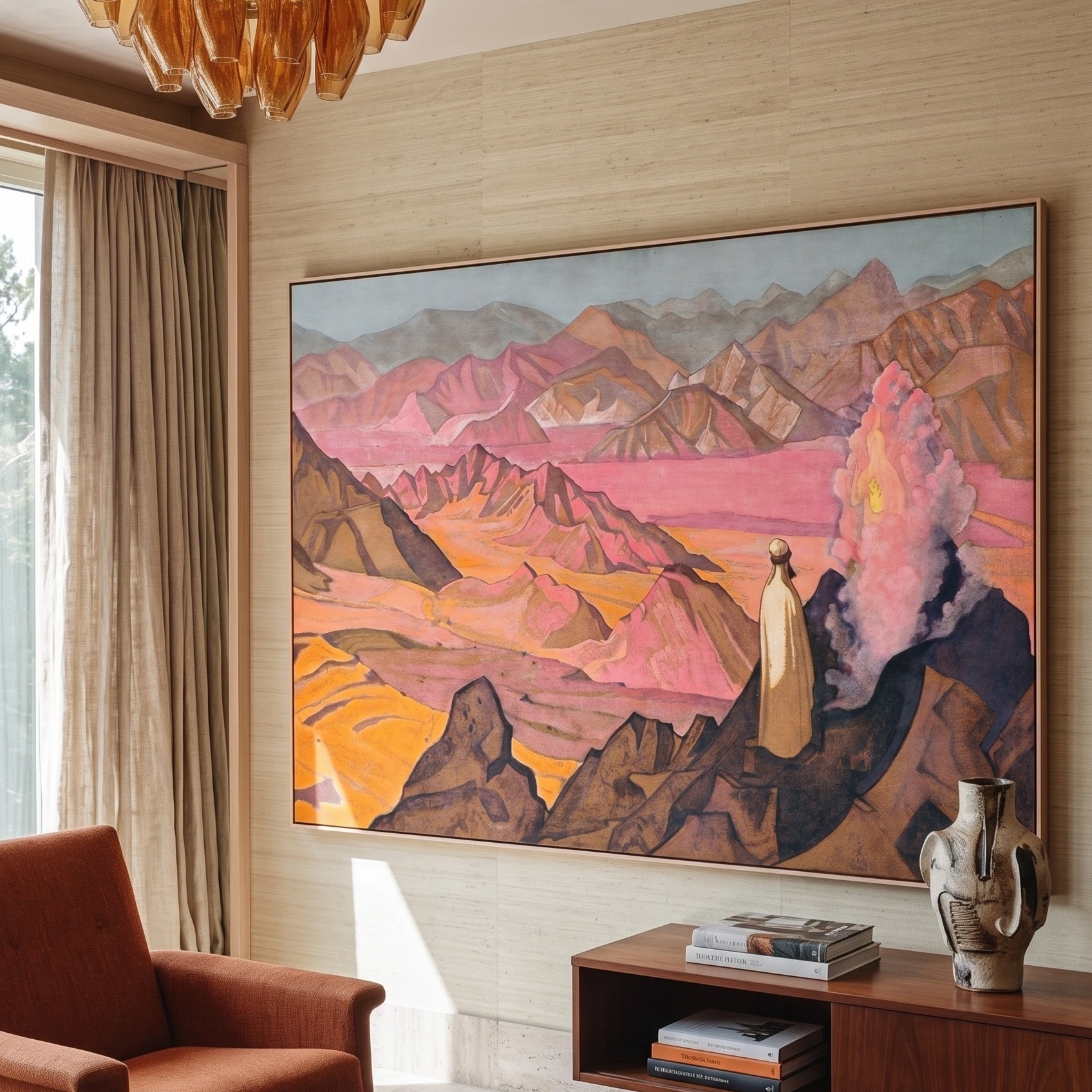 Mohammed the Prophet by Nicholas Roerich — large pink and orange Symbolist canvas art displayed on a wall
