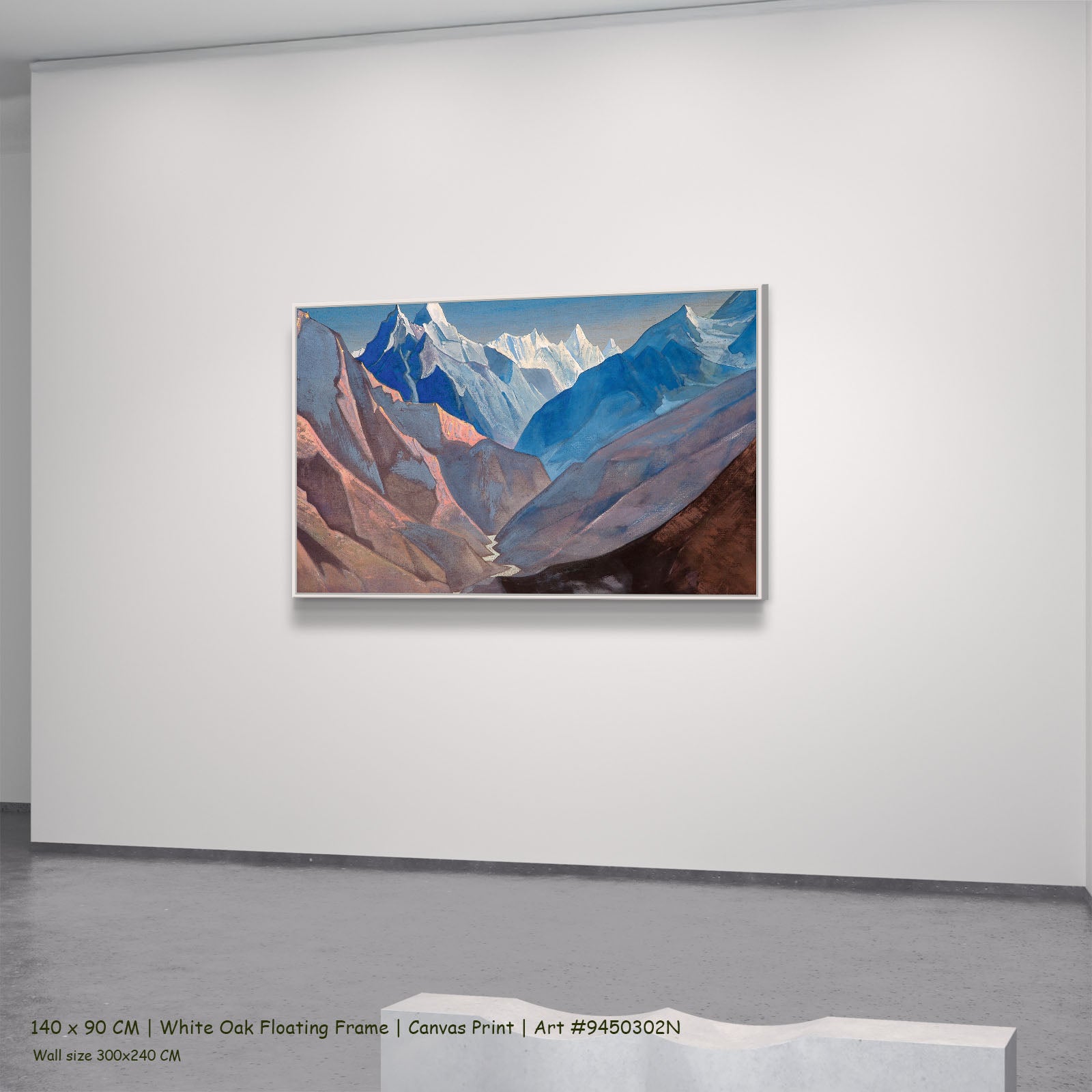 Mount "M" by Nicholas Roerich in a white oak floating frame, large blue and brown Symbolist canvas