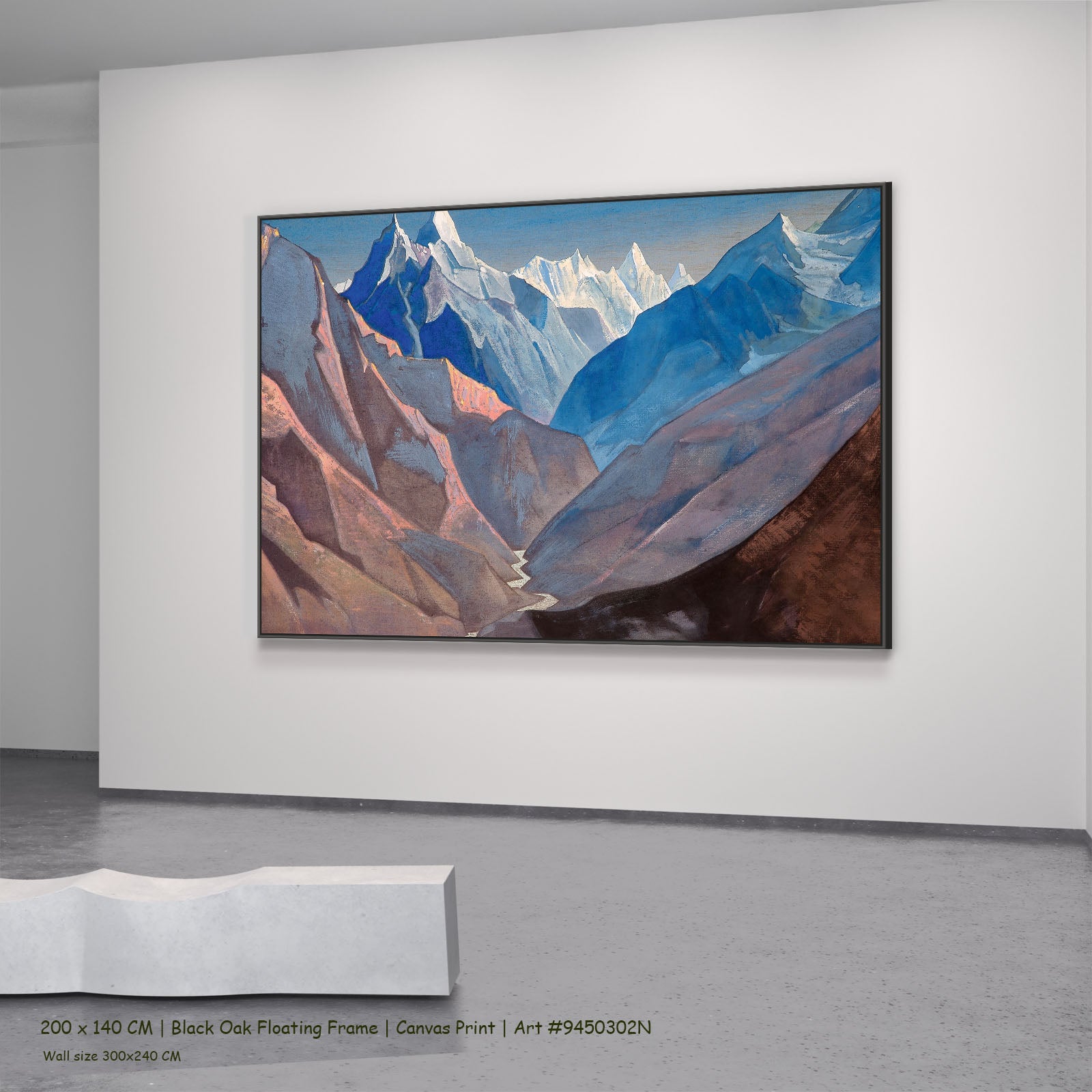 Mount "M" by Nicholas Roerich in a black oak floating frame, large blue and brown Symbolist canvas