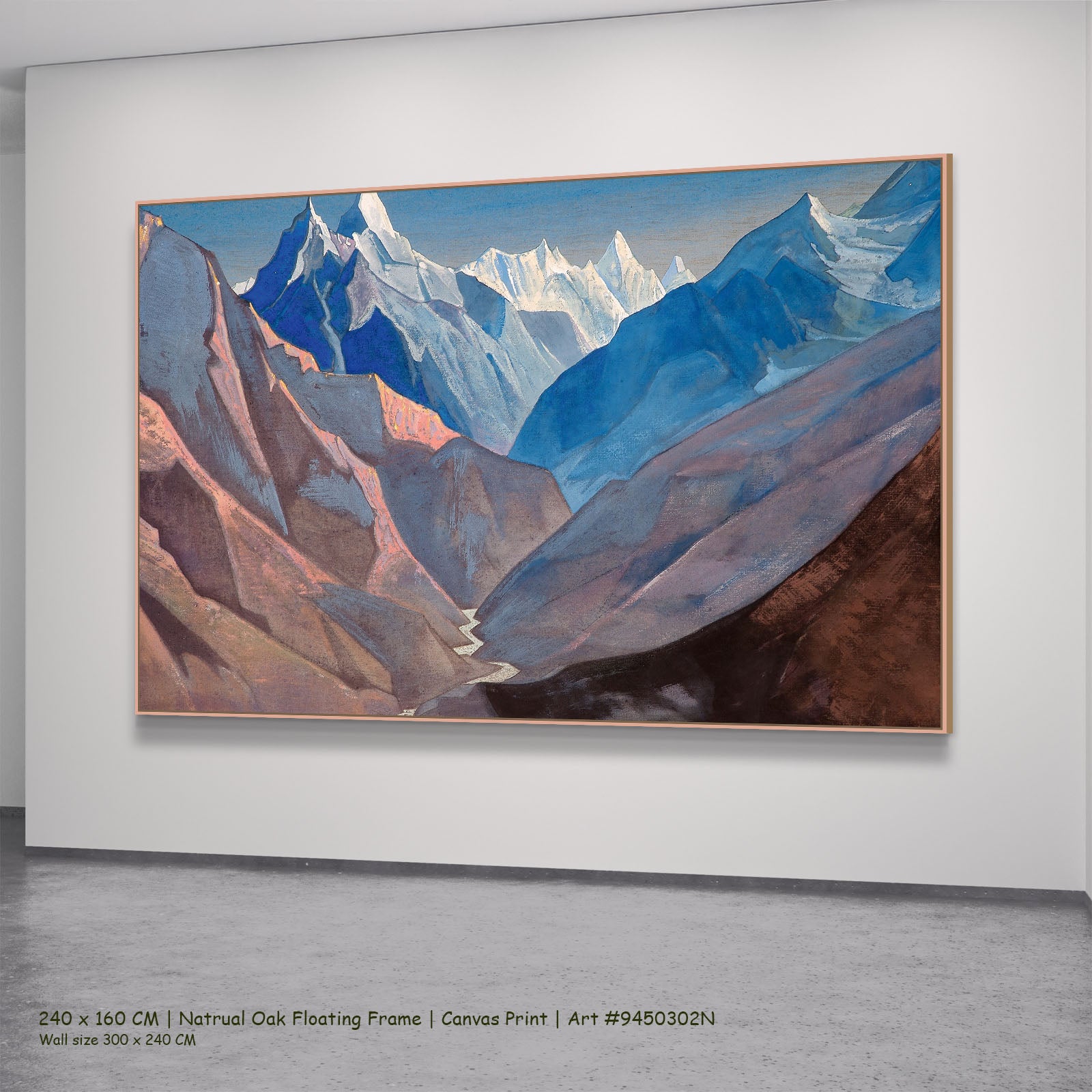 Mount "M" by Nicholas Roerich in a natural oak floating frame, large blue and brown Symbolist canvas