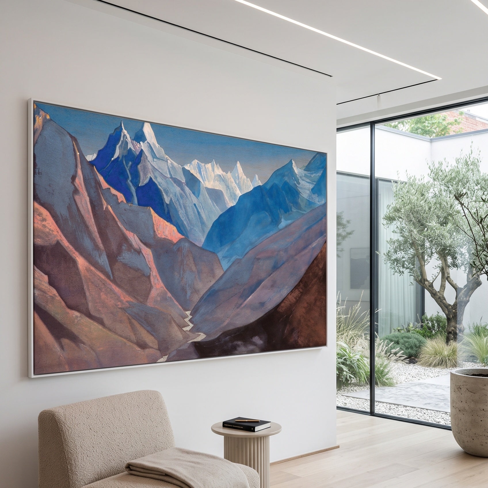 Mount "M" by Nicholas Roerich — large blue and brown Symbolist canvas art on a entryway wall