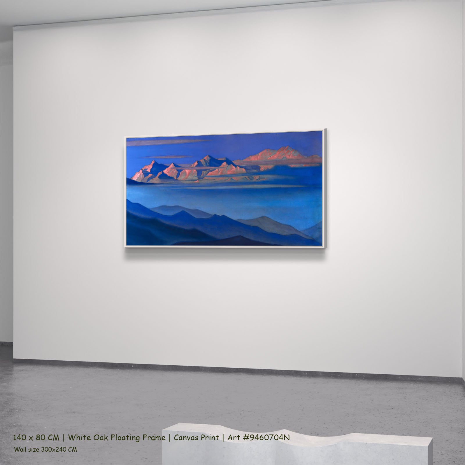 Kanchenjunga by Nicholas Roerich in a white oak floating frame, large blue and pink Himalayan Mountain canvas