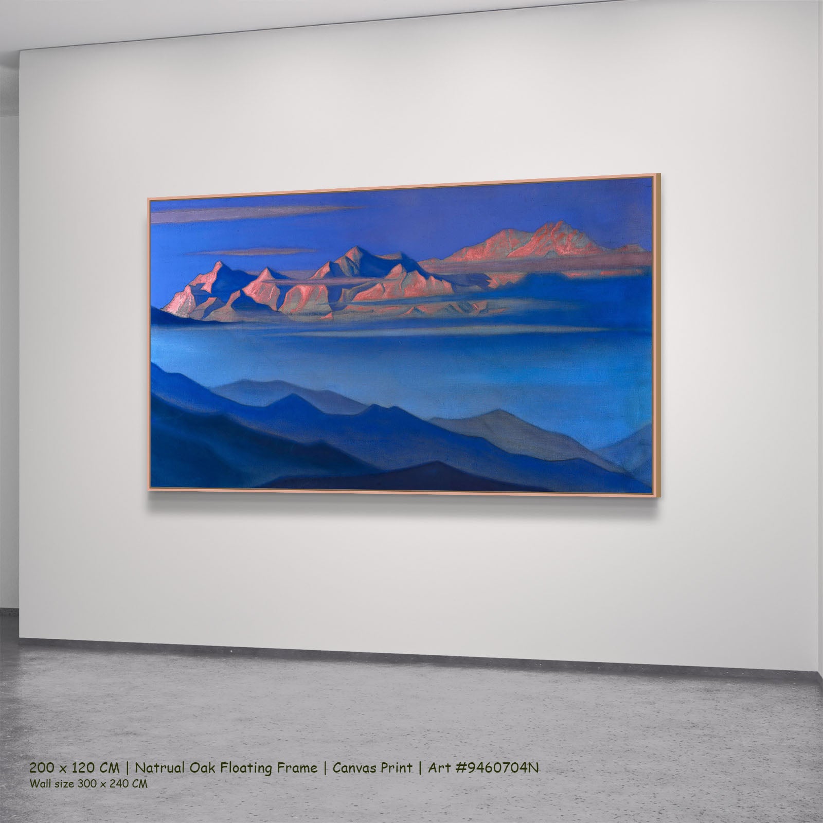 Kanchenjunga by Nicholas Roerich in a natural oak floating frame, large blue and pink Himalayan Mountain canvas