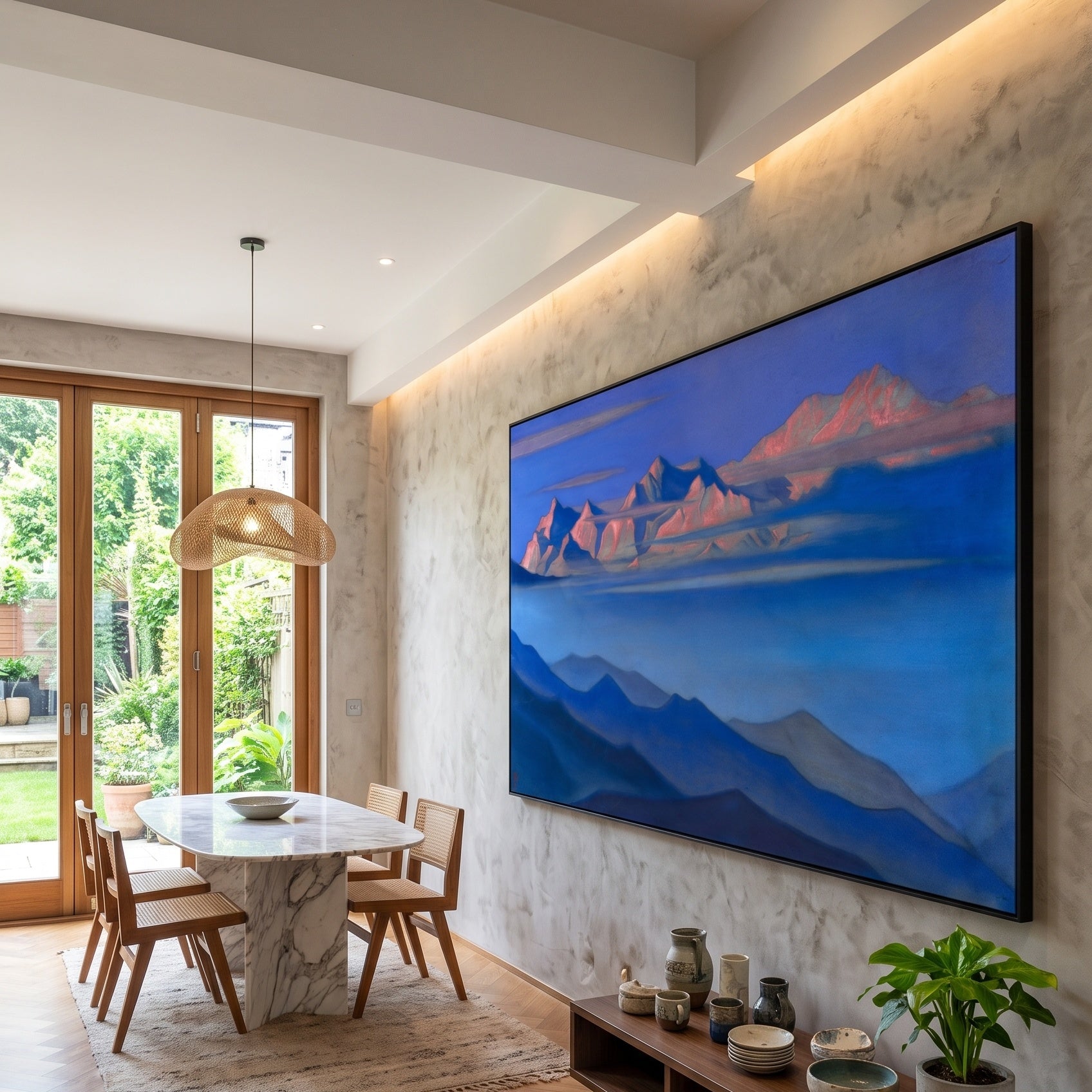 Kanchenjunga by Nicholas Roerich — large blue and pink Himalayan Mountain canvas art displayed on a wall