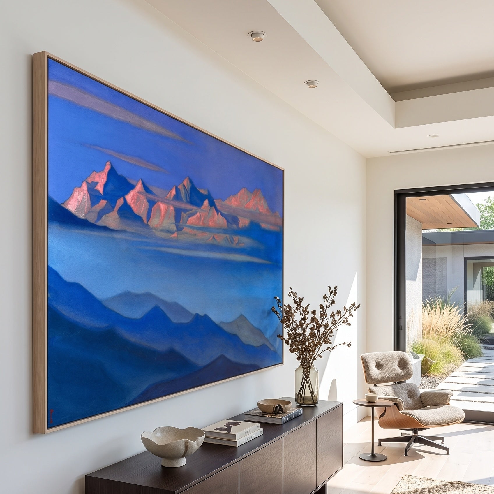 Kanchenjunga by Nicholas Roerich — large blue and pink Himalayan Mountain canvas art on a entryway wall