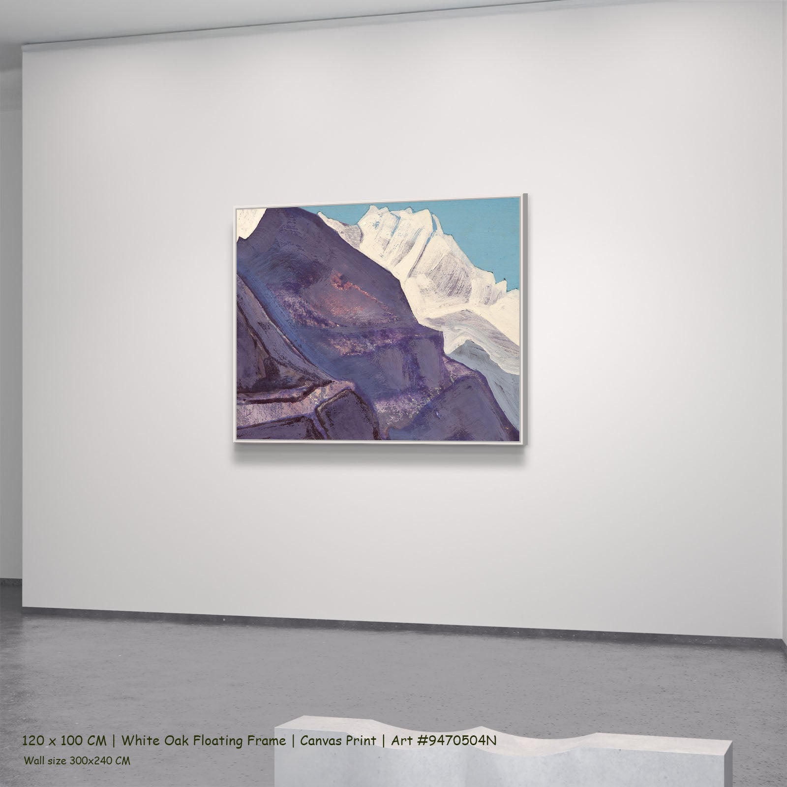 Study of Mountains by Nicholas Roerich in a white oak floating frame, large purple and white Himalayan Mountain canvas