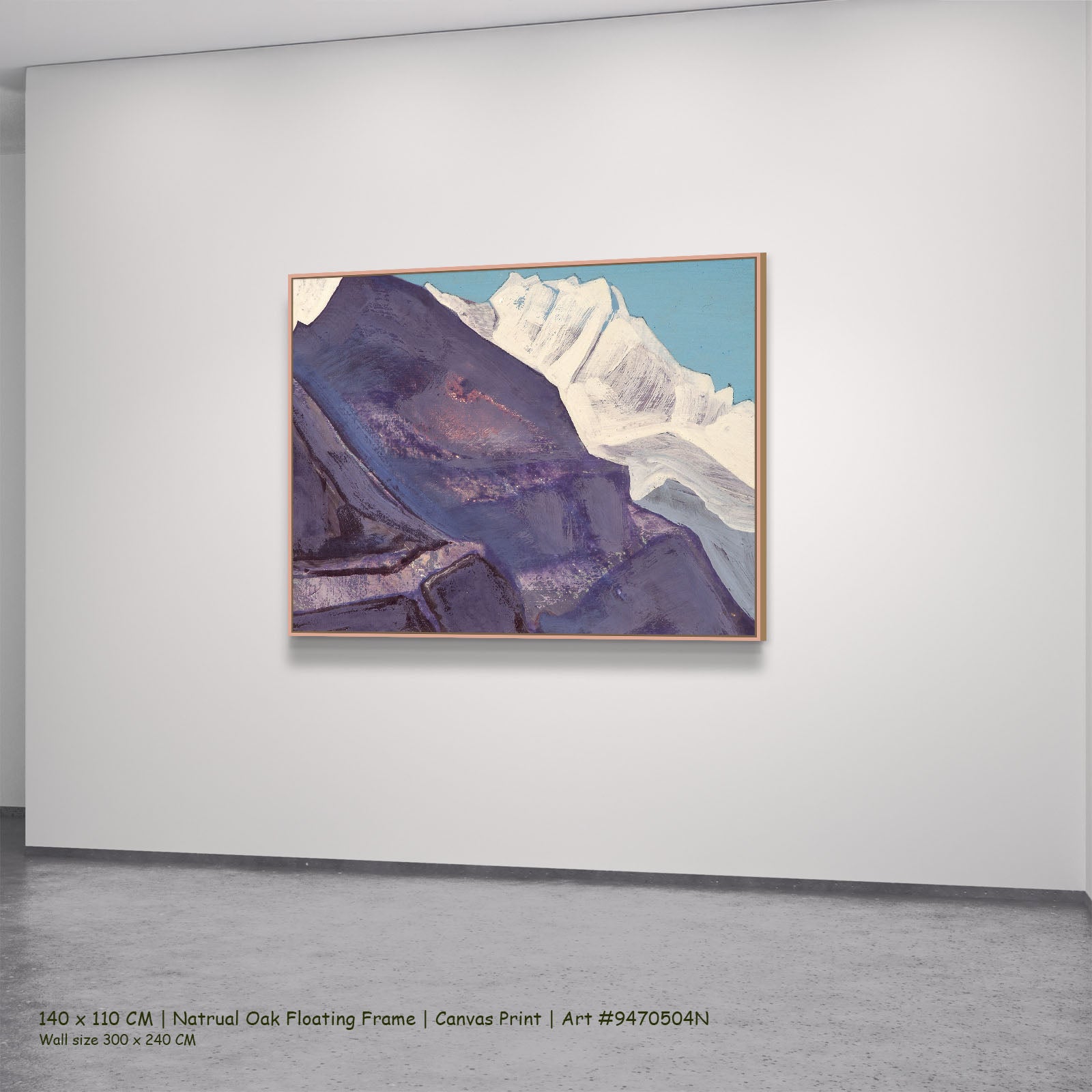 Study of Mountains by Nicholas Roerich in a natural oak floating frame, large purple and white Himalayan Mountain canvas