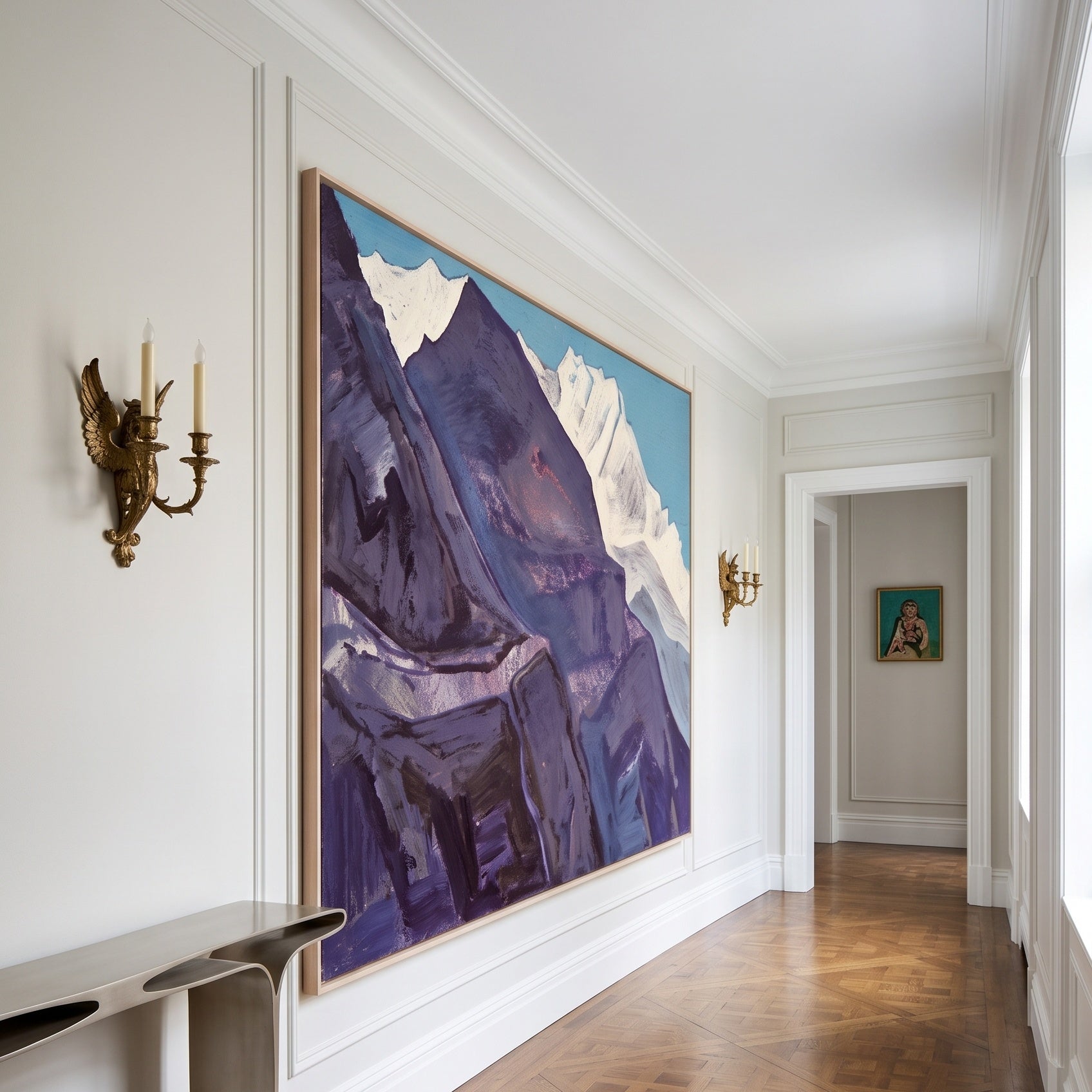 Study of Mountains by Nicholas Roerich — large purple and white Himalayan Mountain canvas art on a hallway wall