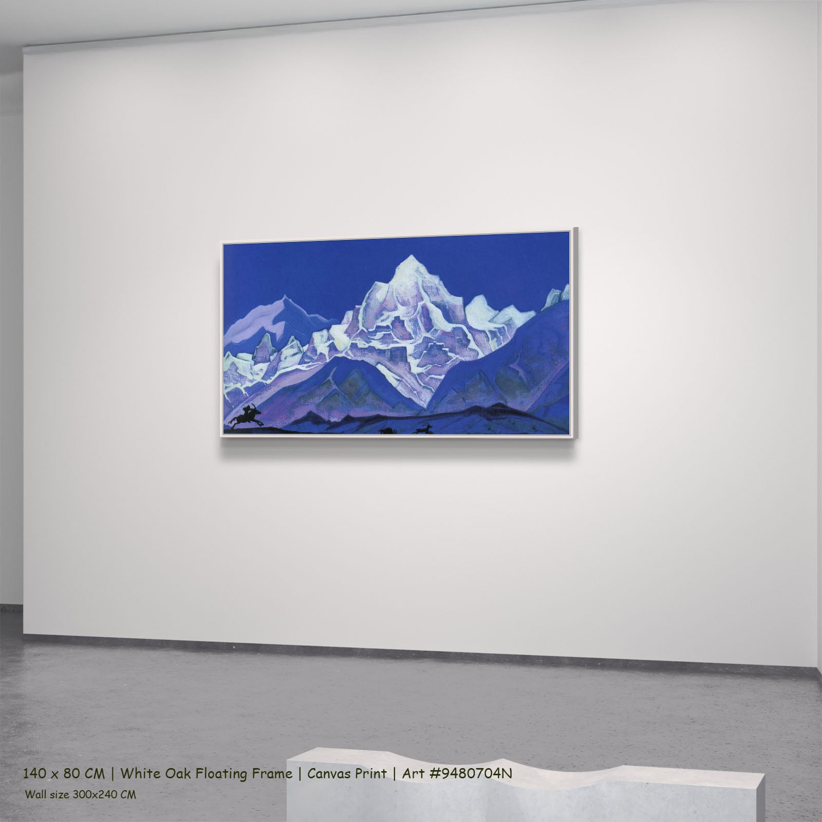 The Hunt by Nicholas Roerich in a white oak floating frame, large blue and white Symbolist canvas