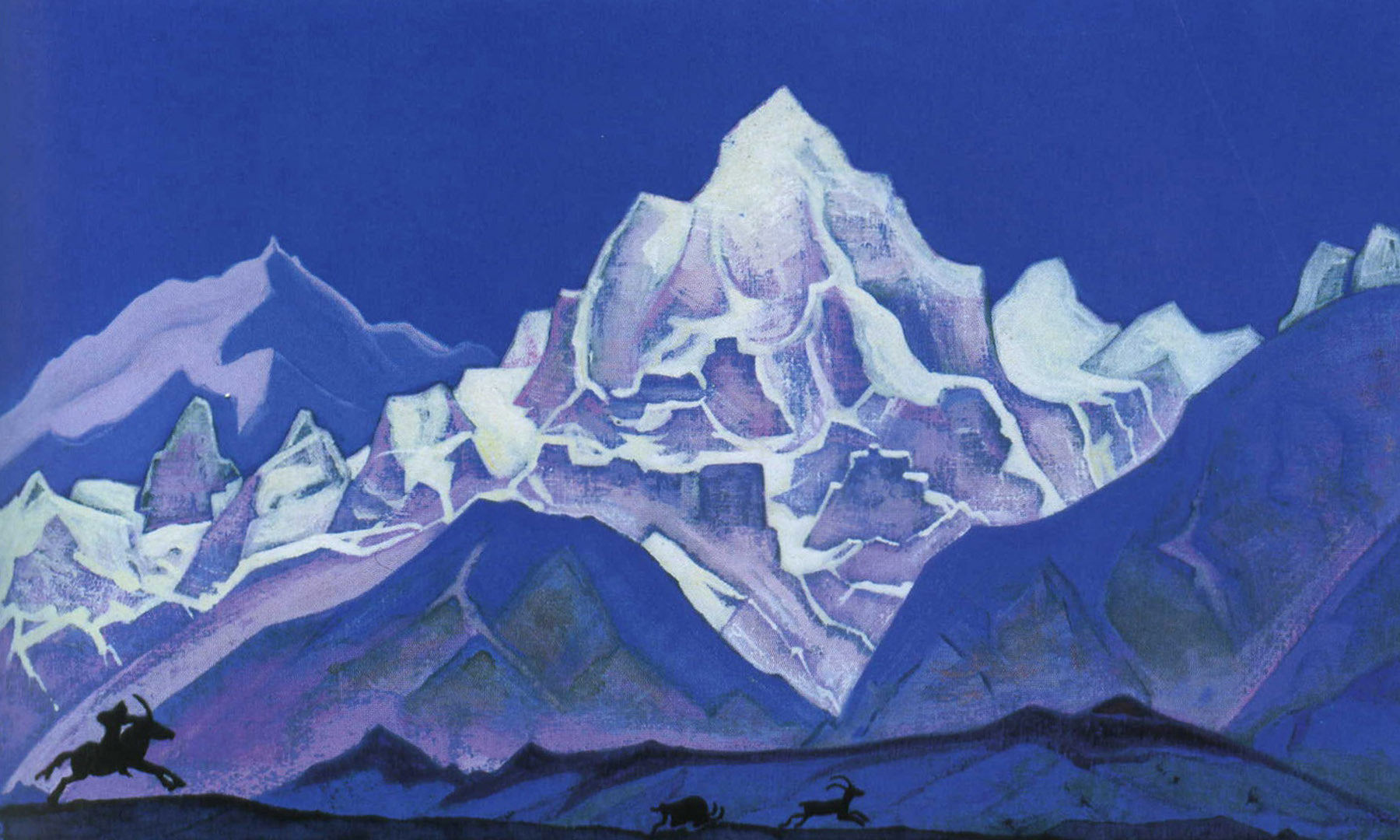 Large blue and white Symbolist canvas print of The Hunt by Nicholas Roerich