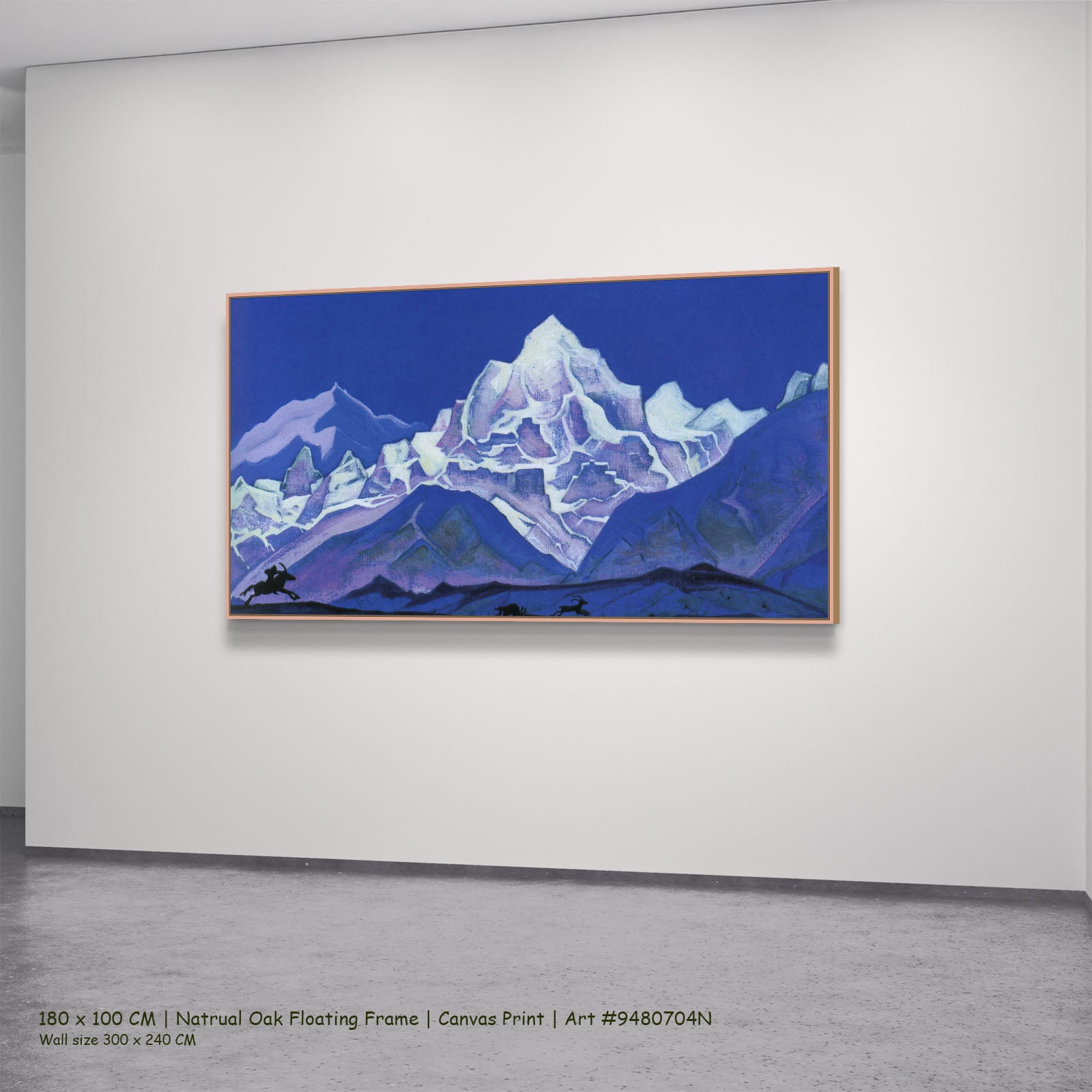 The Hunt by Nicholas Roerich in a natural oak floating frame, large blue and white Symbolist canvas