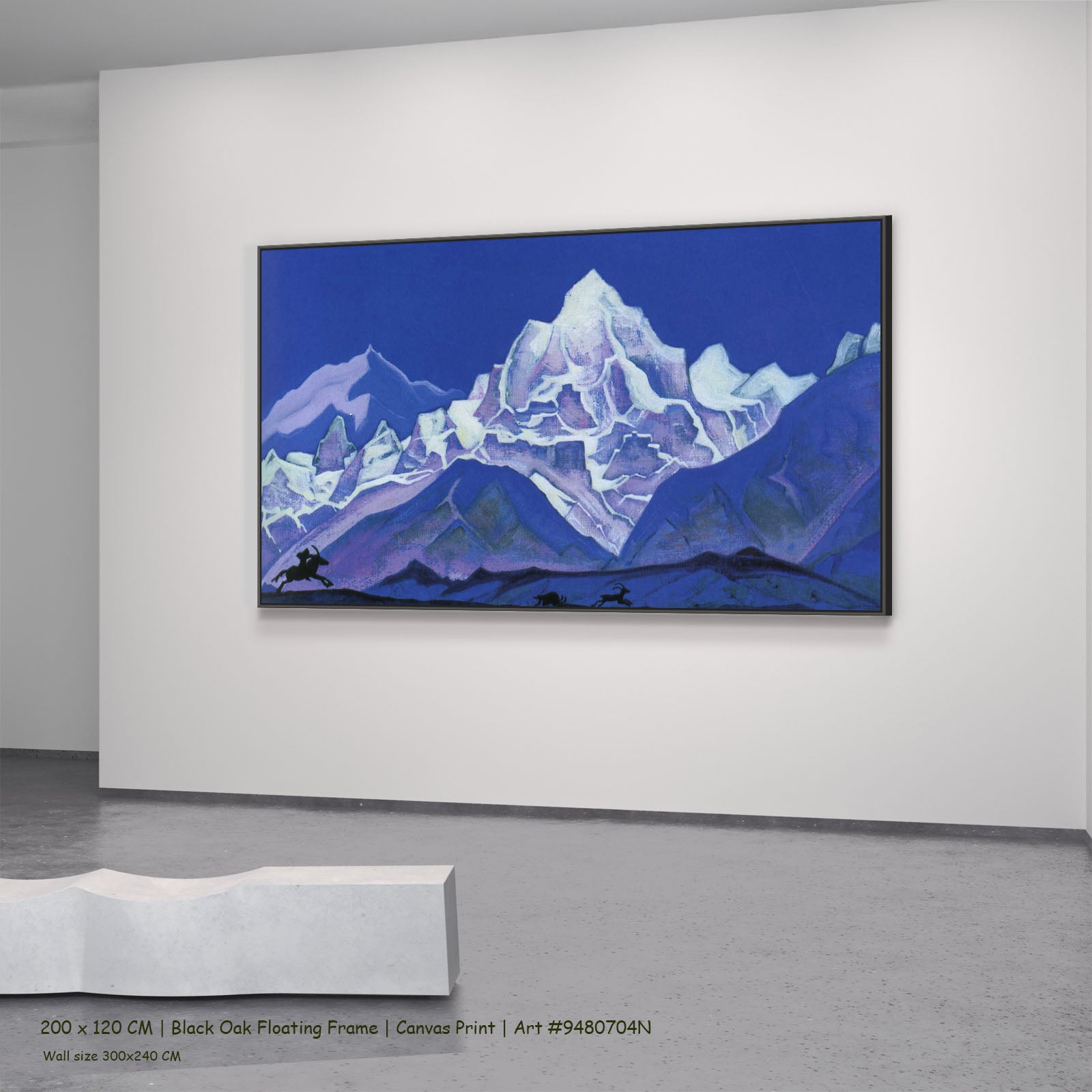 The Hunt by Nicholas Roerich in a black oak floating frame, large blue and white Symbolist canvas