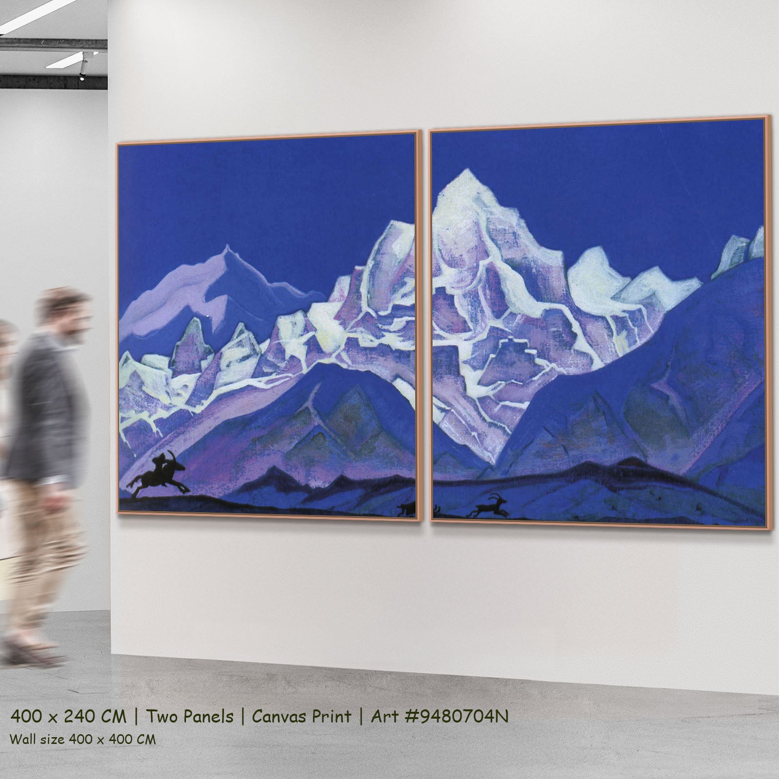 The Hunt by Nicholas Roerich as a large two-panel blue and white Symbolist canvas set
