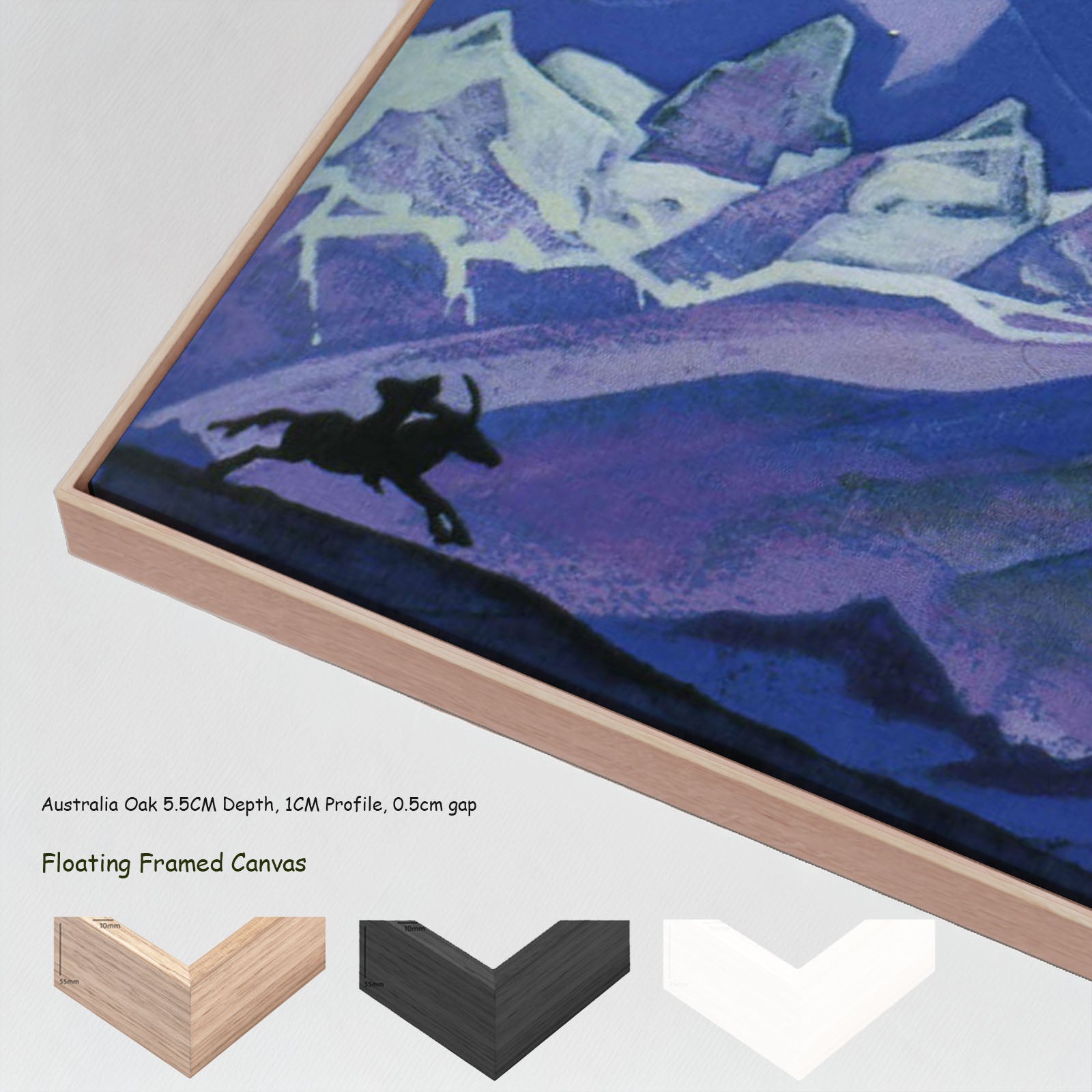 The Hunt by Nicholas Roerich in a floating frame, large blue and white Symbolist canvas print