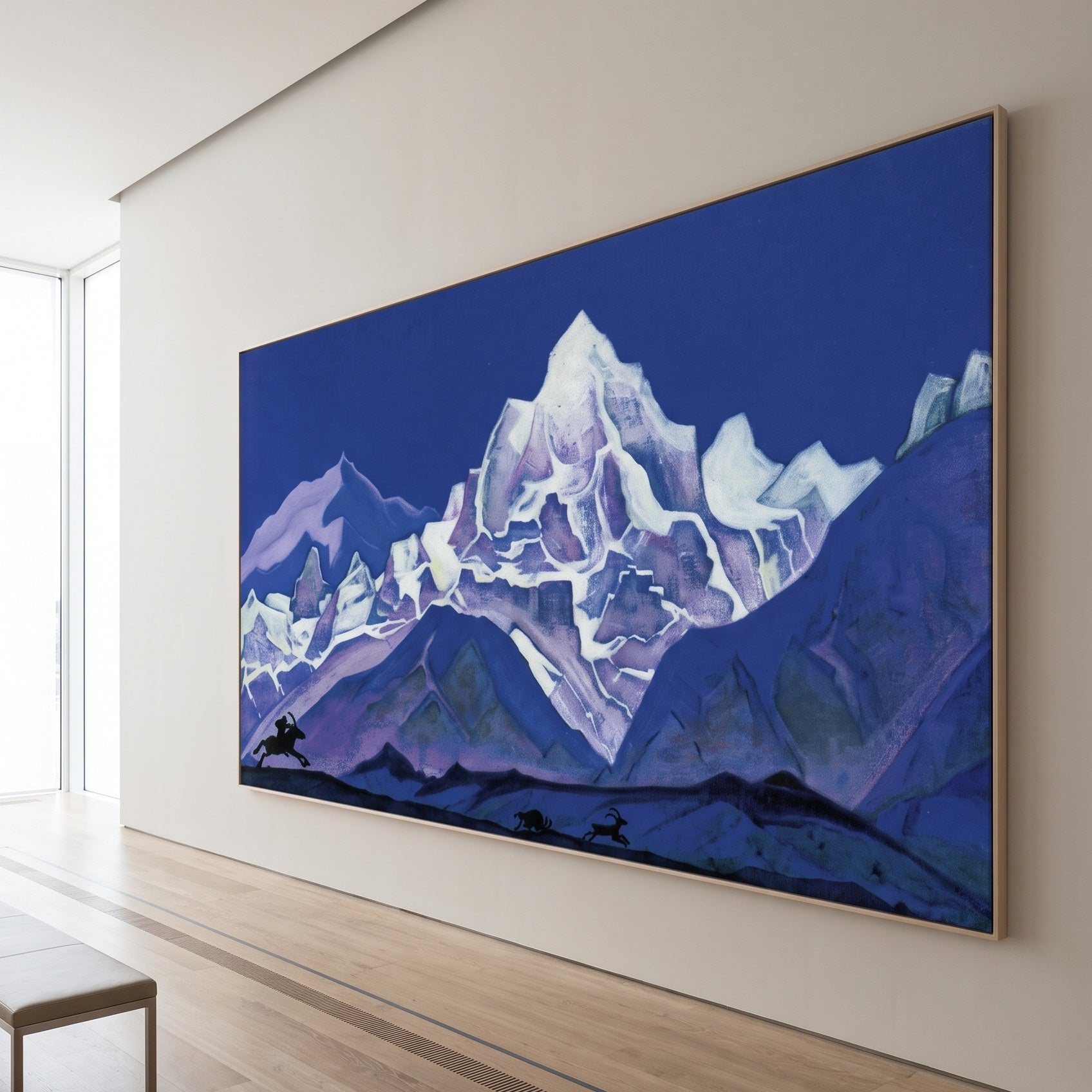 The Hunt by Nicholas Roerich — large blue and white Symbolist canvas art on a hallway wall