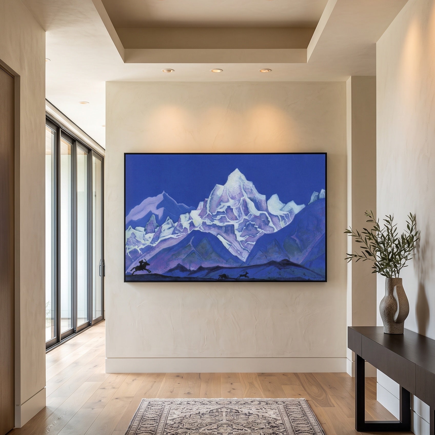 The Hunt by Nicholas Roerich — large blue and white Symbolist canvas art on a entryway wall
