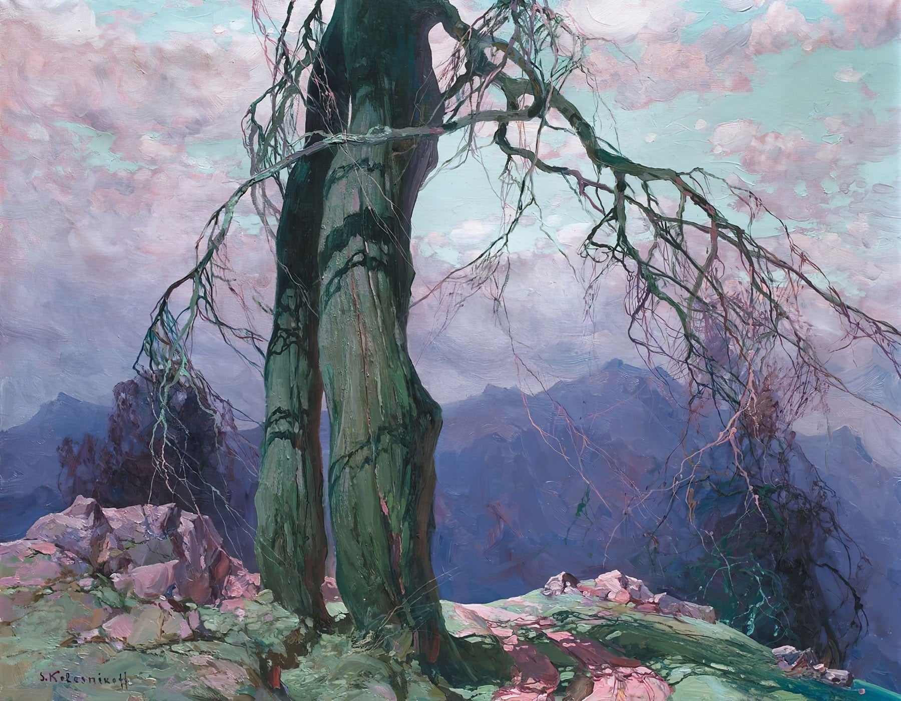 Large green and pink Impressionist canvas print of Weathered Tree on a Mountain Ridge by Stepan Kolesnikoff