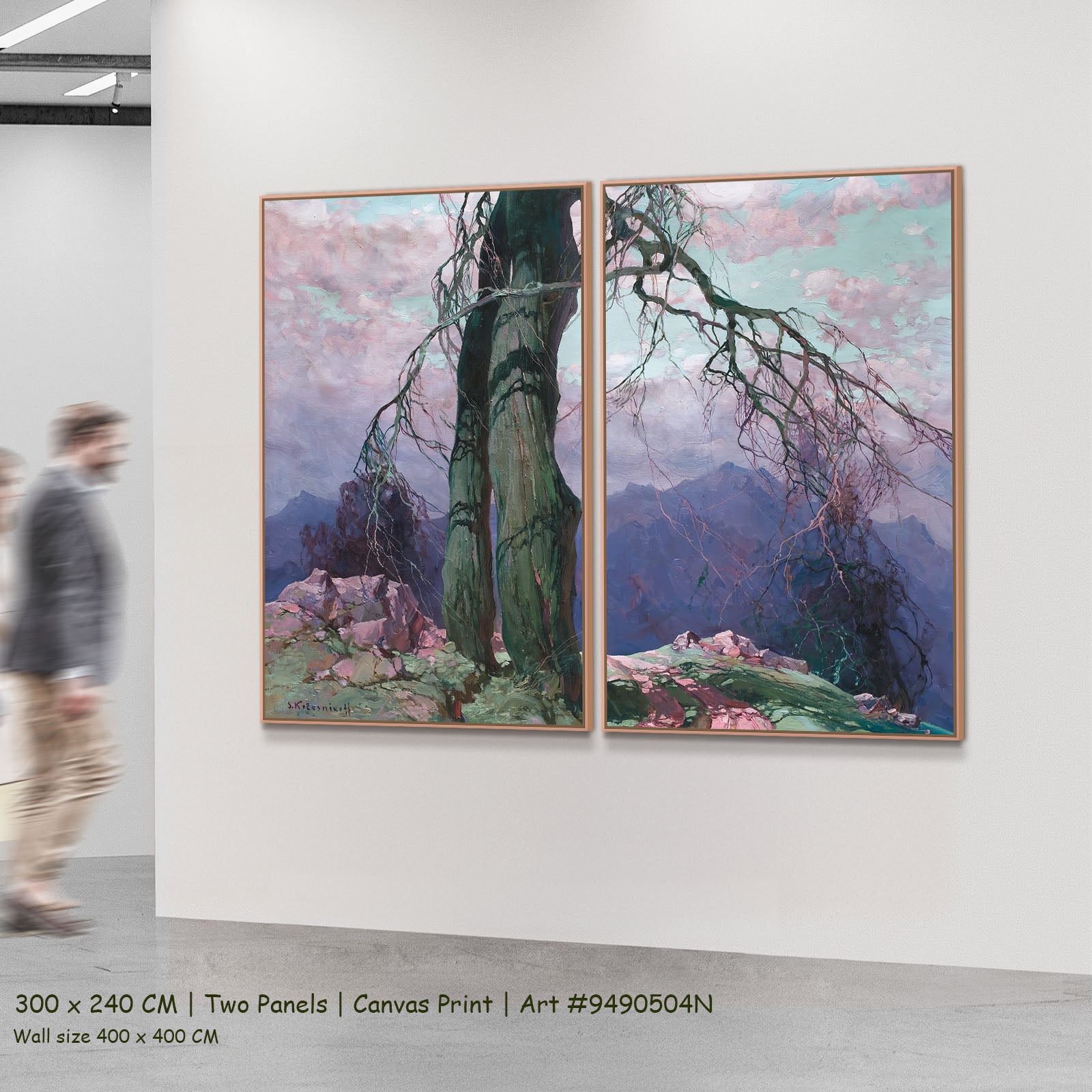 Weathered Tree on a Mountain Ridge by Stepan Kolesnikoff as a large two-panel green and pink Impressionist canvas set