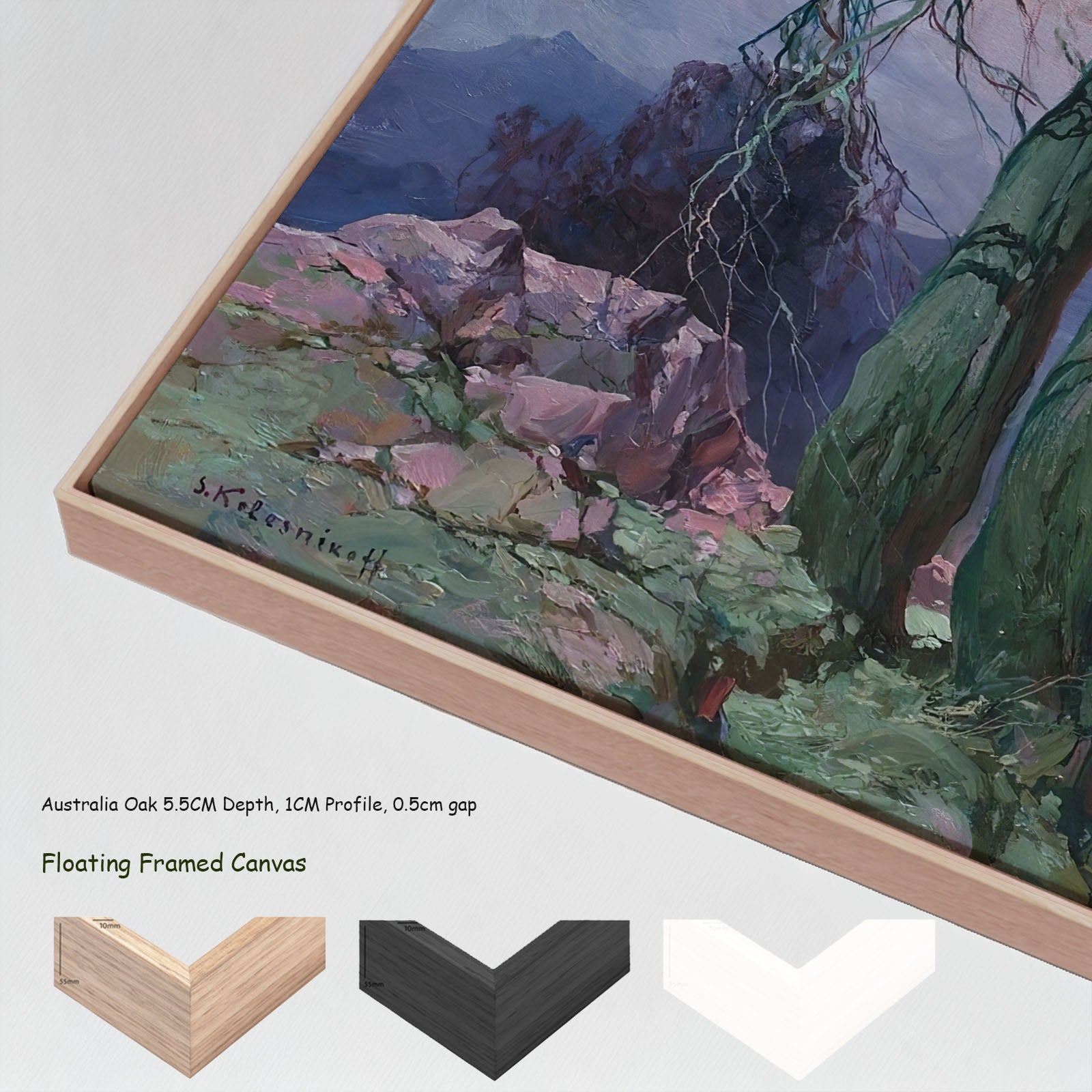 Weathered Tree on a Mountain Ridge by Stepan Kolesnikoff in a floating frame, large green and pink Impressionist canvas print